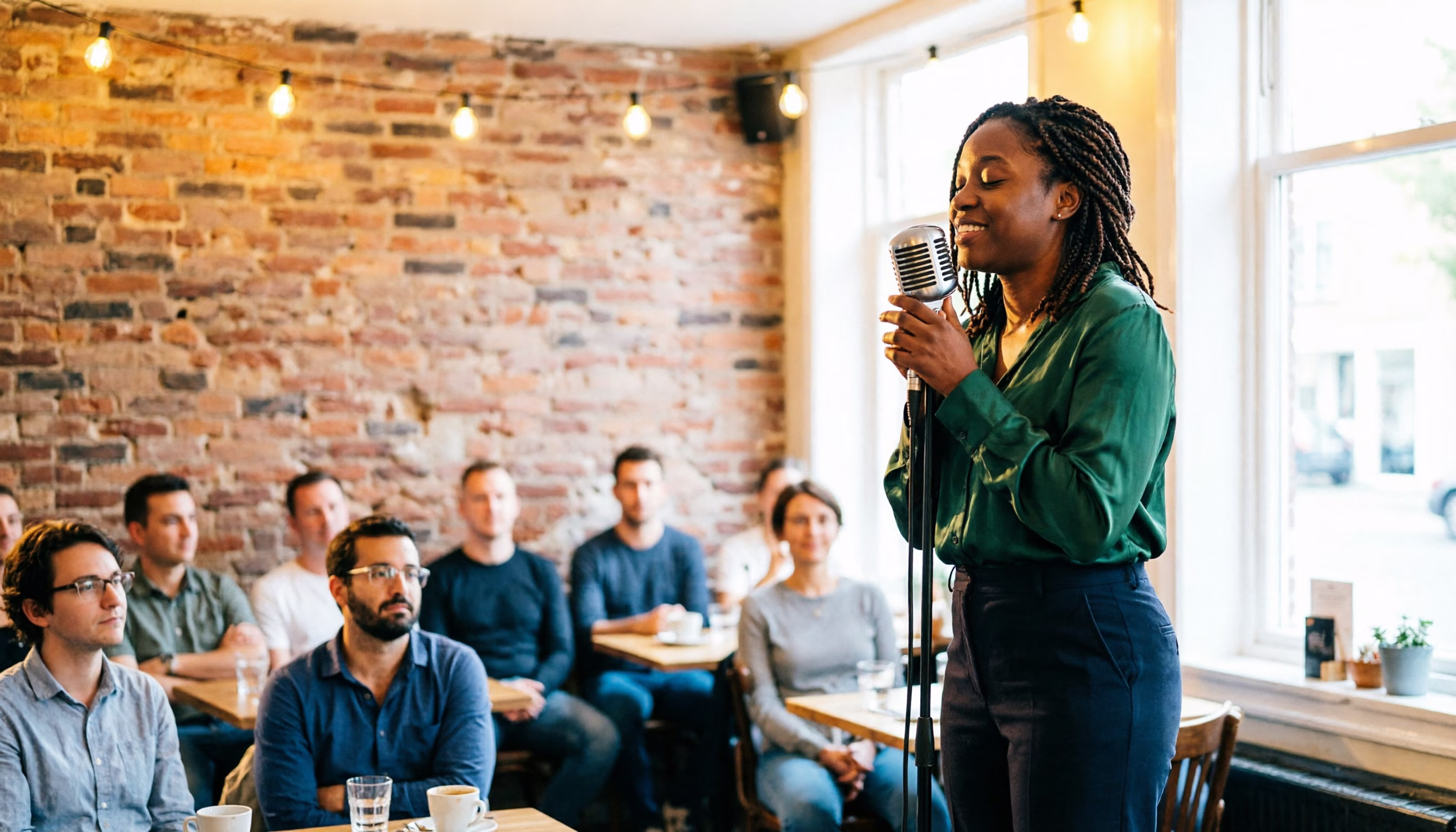 Een singer-songwriter treedt op bij een microfoon op een klein cafépodium