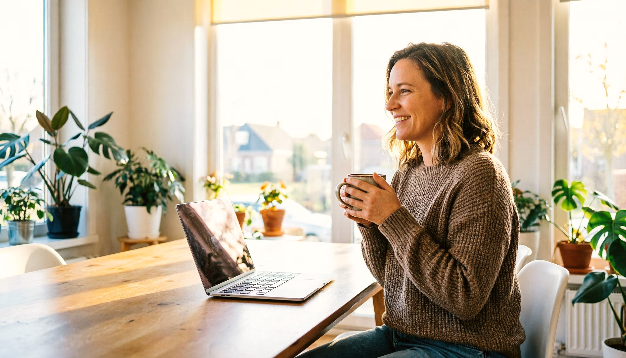 A freelance designer relaxes with a coffee in her sunlit home studio