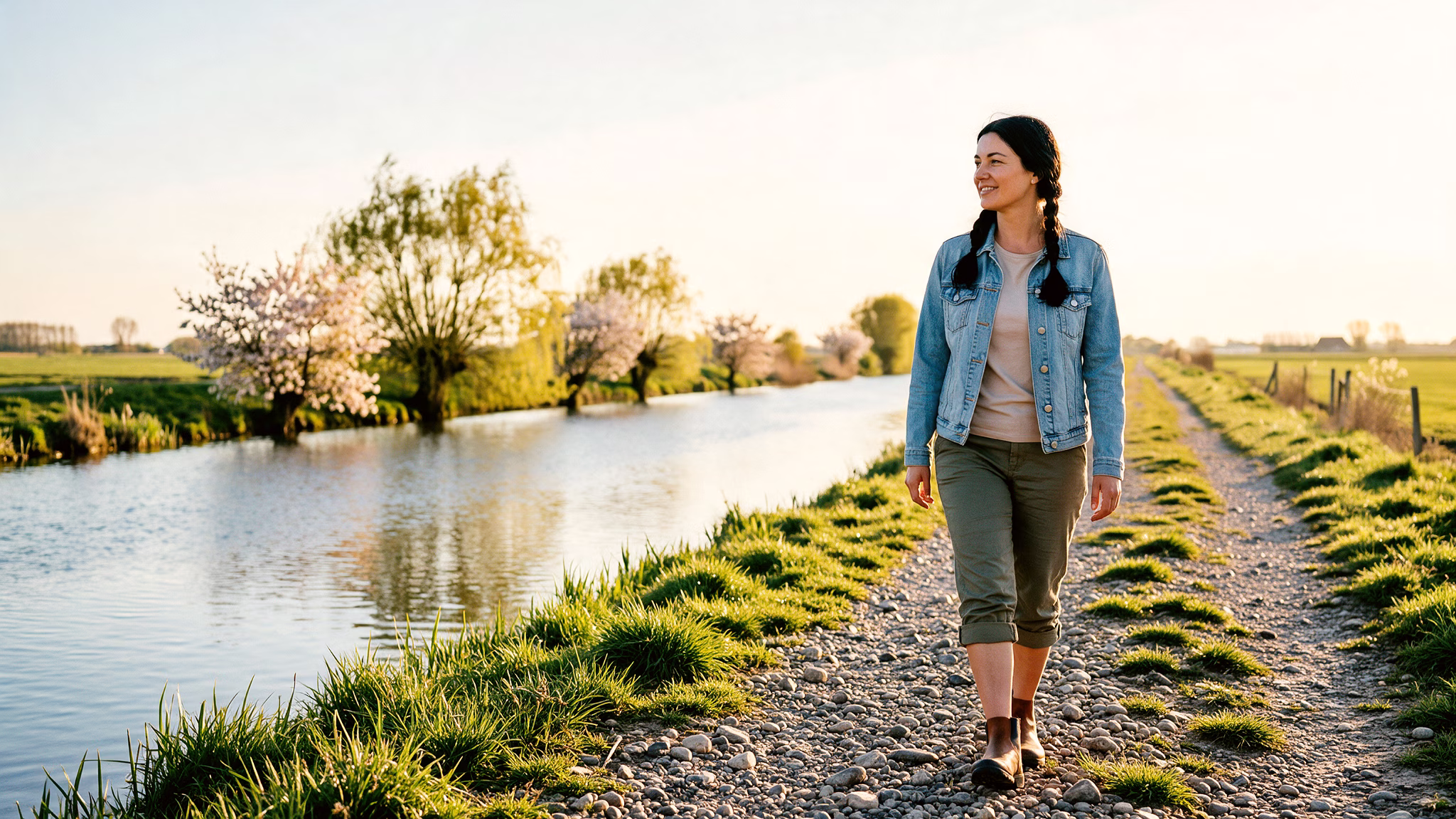 Een vrouw van begin dertig loopt blootsvoets door het ondiepe water van een Nederlandse polderbeek op een lentemiddag