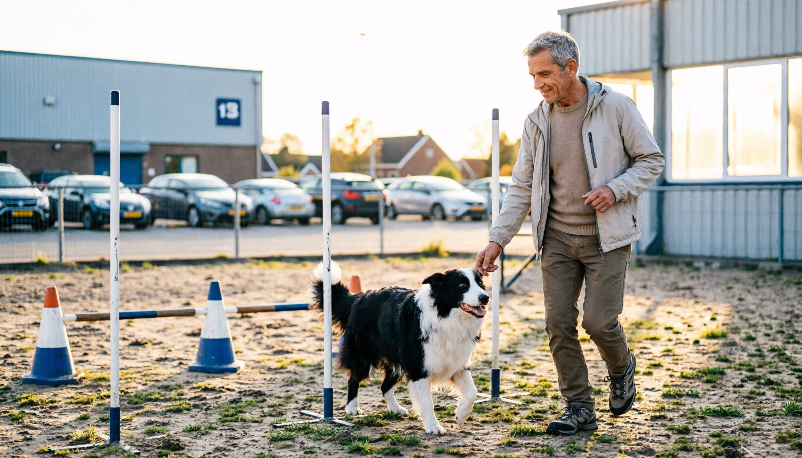 A man in his late fifties guides his dog through the slalom poles at a Dutch agility field