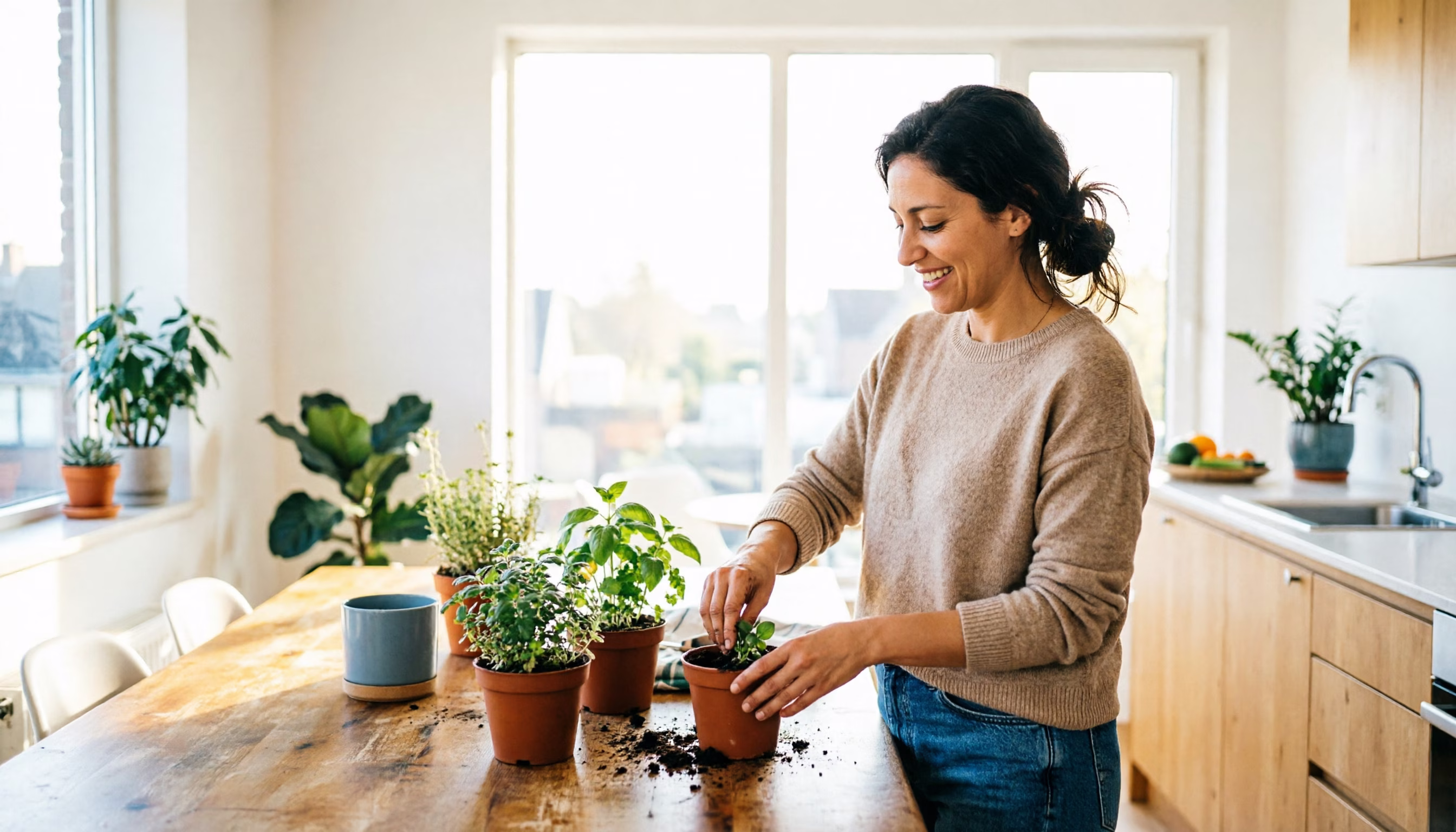 Een vrouw pot verse kruiden aan een keukentafel in een Nederlands appartement