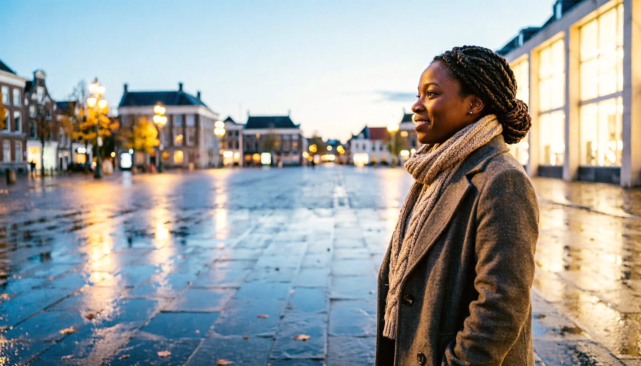 Met haar jas nog open staat een vrouw bij schemer alleen aan de rand van een breed stadsplein. Ze kijkt hoe de lantaarns aangaan over de lege stenen.