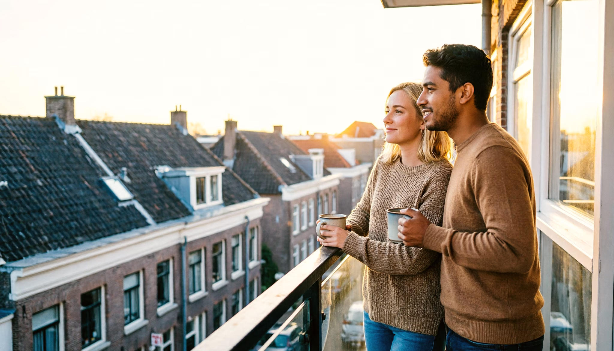 A couple with coffee on the balcony of their new Dutch apartment, overlooking the rooftops