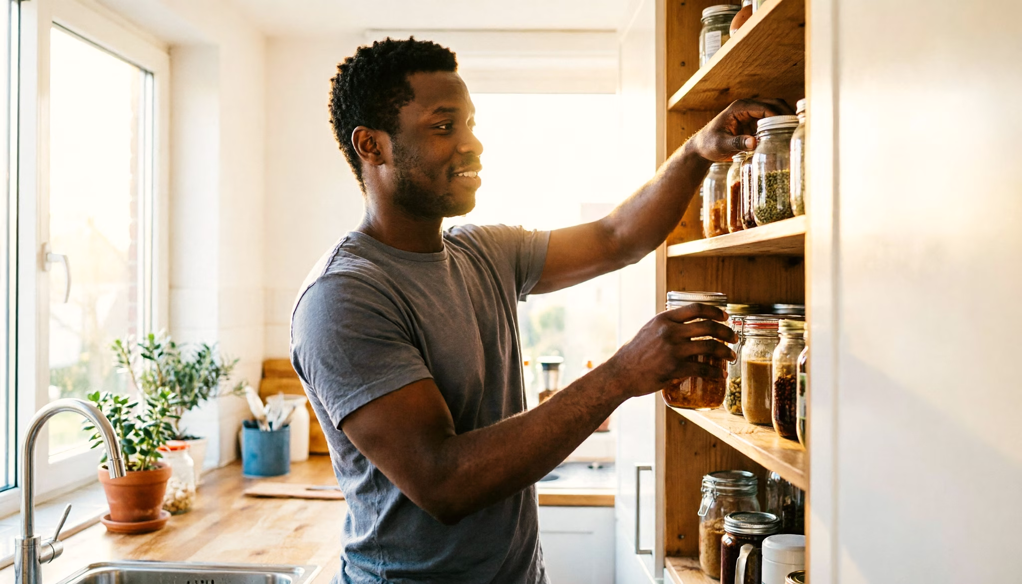 A man stocks the open pantry shelves of his new Dutch kitchen with jars and tins