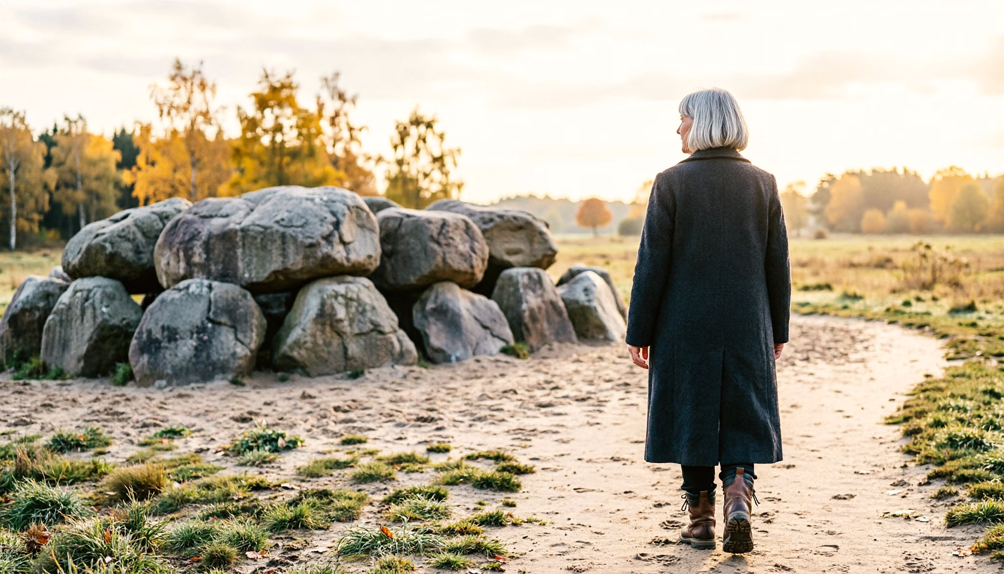 A woman in a wool coat walks alone along a sandy track past a hunebed, a prehistoric stone grave, on an overcast autumn morning in Drenthe