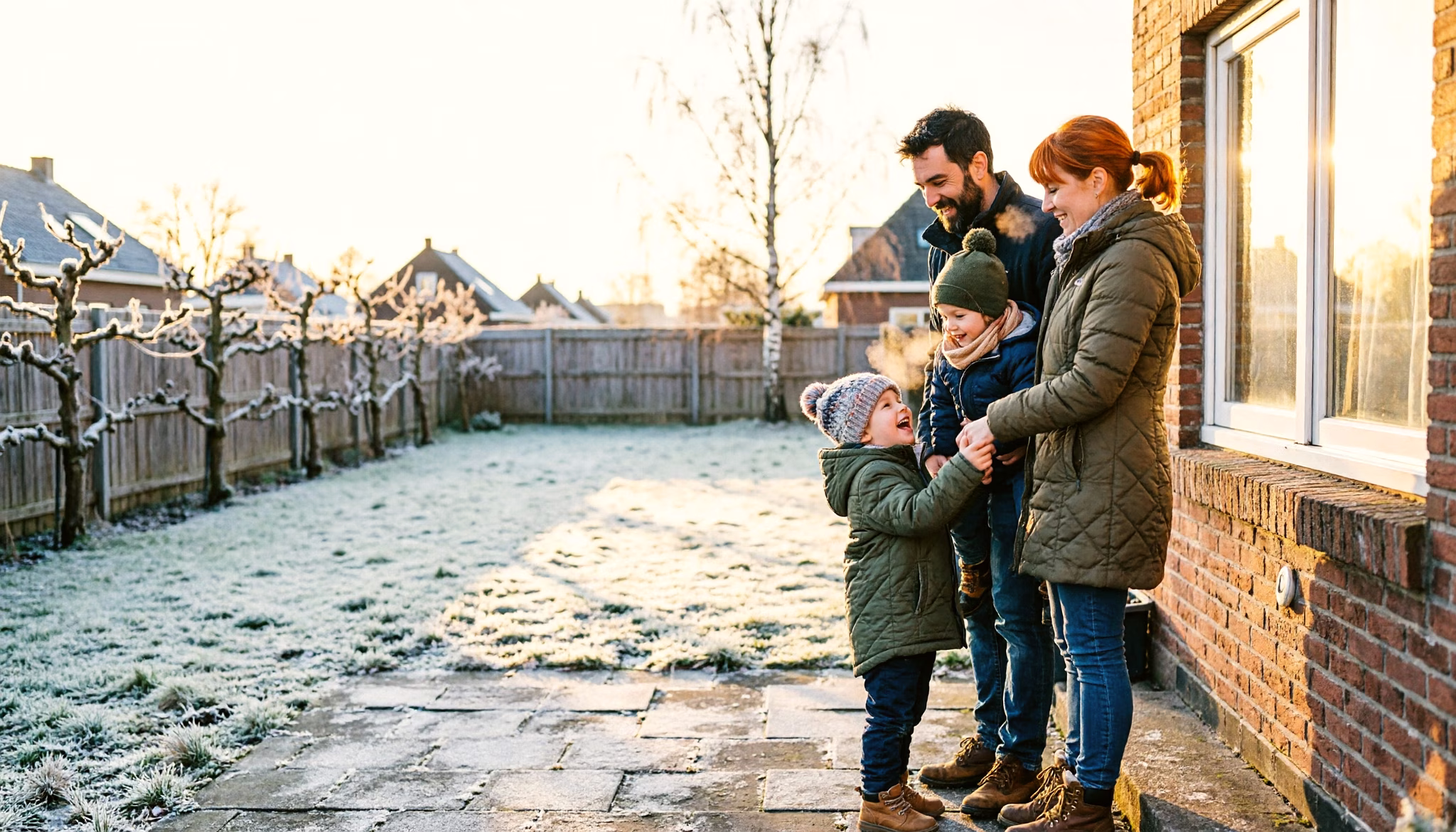 Een gezin van vier op het achterterras van hun huis op een heldere wintermiddag, terwijl een van de ouders het jongste kind op de heup neemt