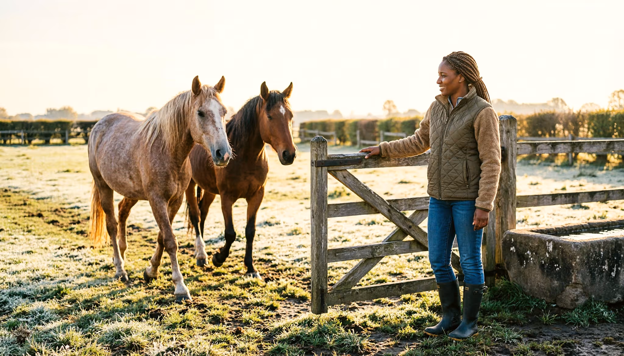 Een vrouw opent in de vroege ochtend een weidehek en laat twee paarden een Nederlands weiland in lopen