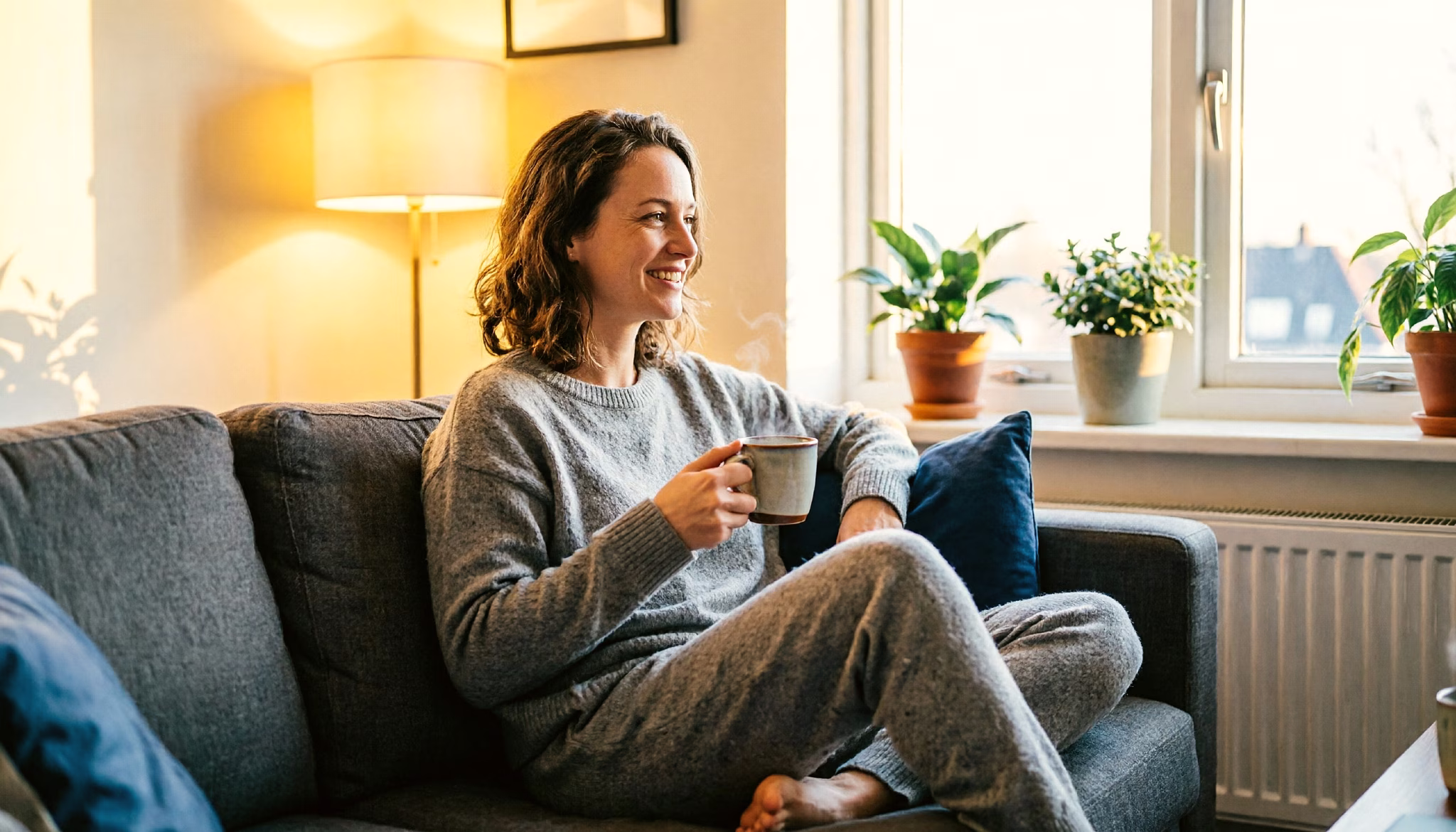 Een vrouw ontspant 's avonds op de bank, gerust nu haar belasting over twee banen geregeld is.