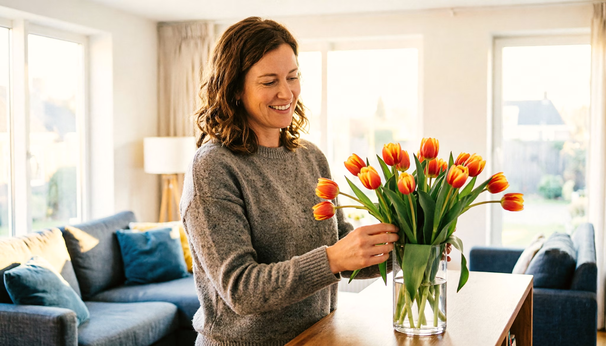 Een teruggekeerde Nederlandse professional schikt verse tulpen in een vaas in haar lichte woonkamer