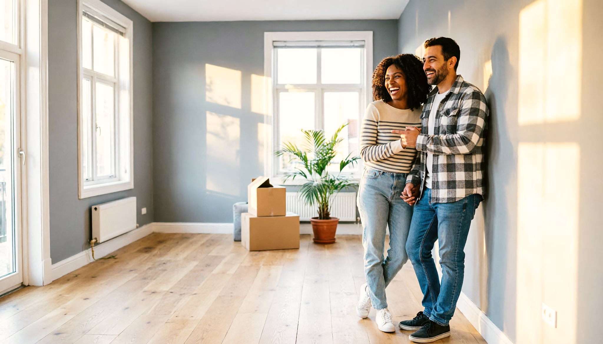 Een stel begin dertig draagt samen een grote plant naar binnen in de lichte woonkamer van hun nieuwe Nederlandse woning.