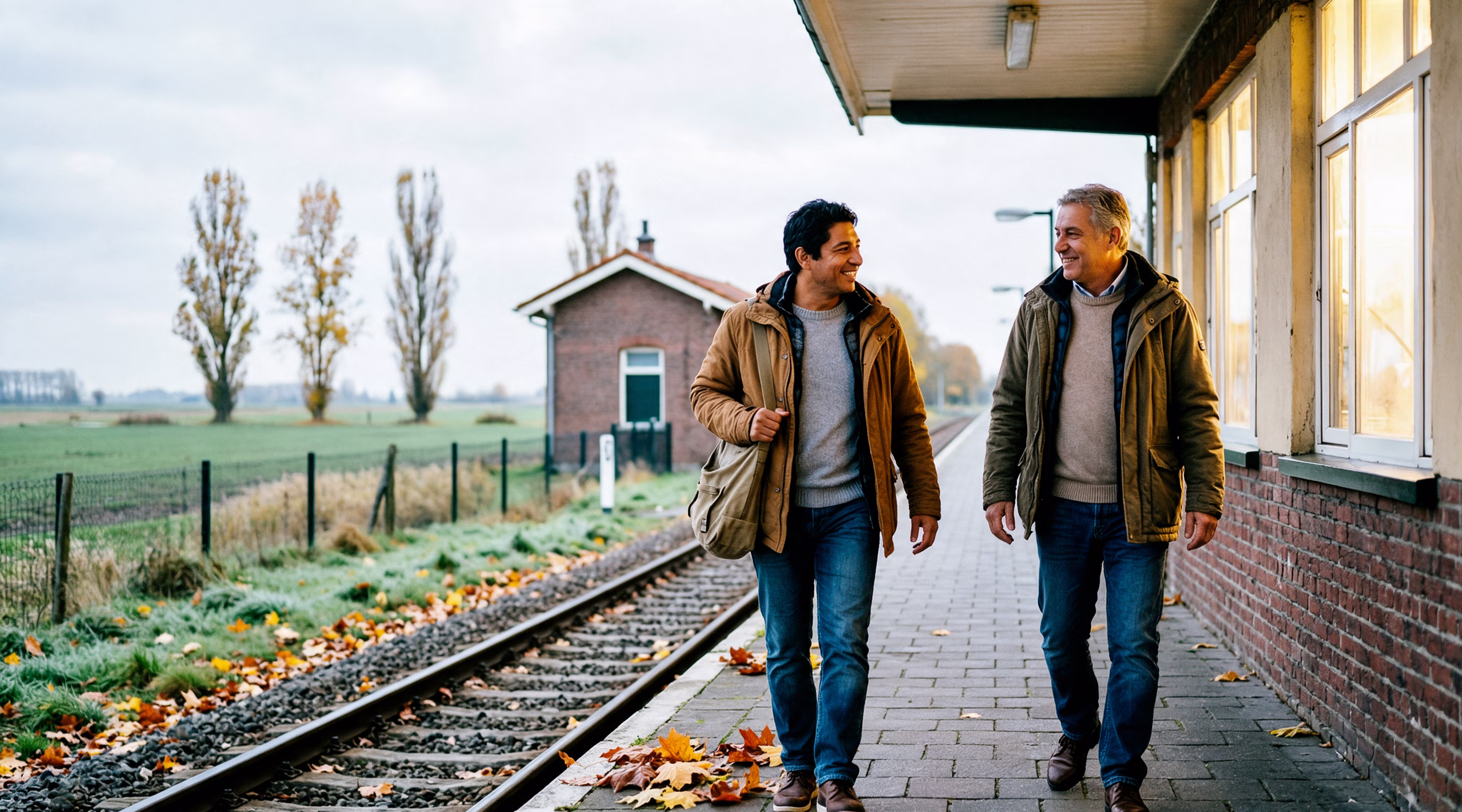 Een stel van in de vijftig loopt over het perron van een klein plattelandsstation op een bewolkte herfstmiddag, klein in een wijd en vlak Nederlands landschap