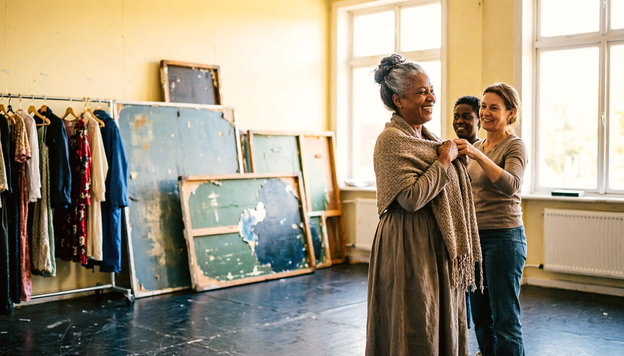 A woman in her late fifties laughs with fellow players in the wings of a small Dutch community playhouse