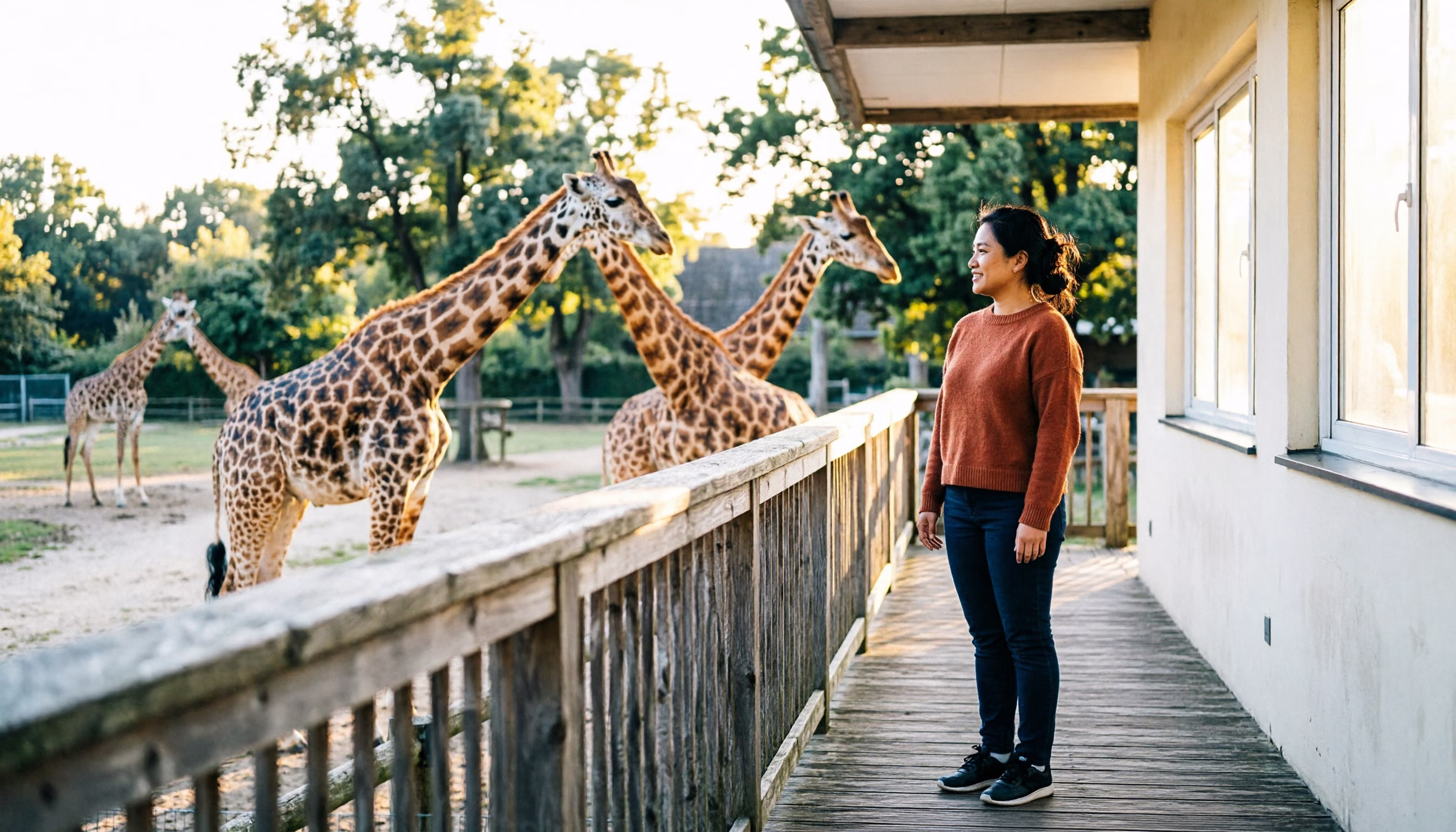 A woman pauses on a viewing deck above the giraffe enclosure at a Dutch animal park