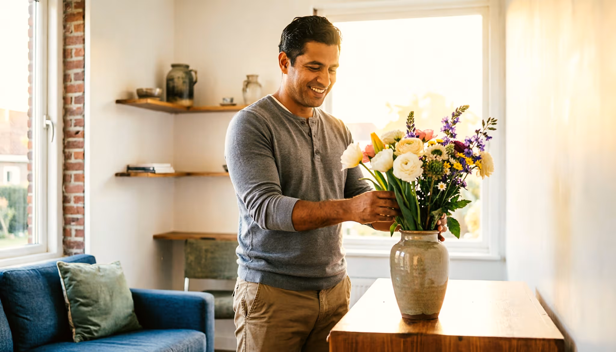 A man in his late thirties arranges fresh flowers in a vase in his sunlit Dutch living room.