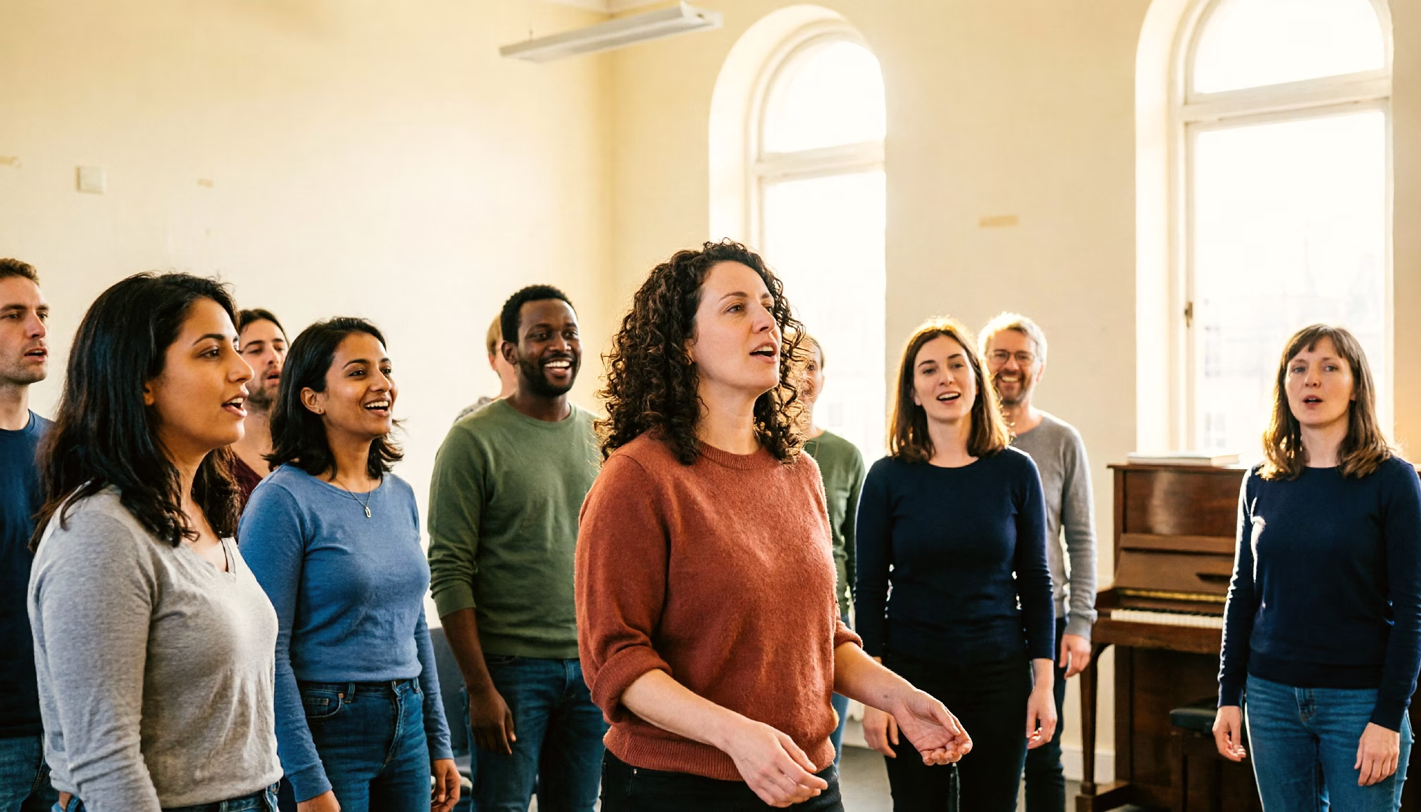 Een vrouw zingt met haar koor tijdens een repetitie op een doordeweekse avond in Nederland