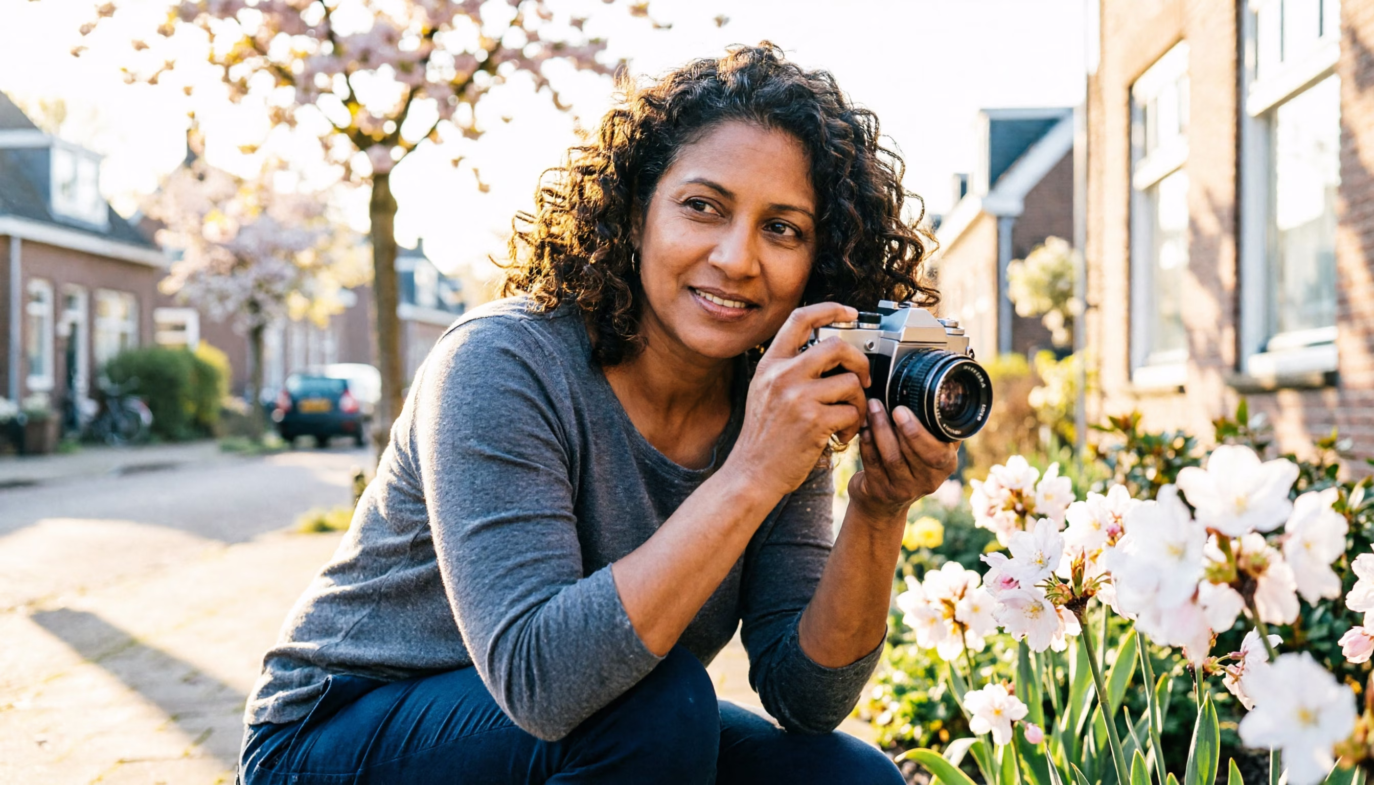 Een vrouw van midden veertig fotografeert voorjaarsbloesem met een analoge camera in haar straat