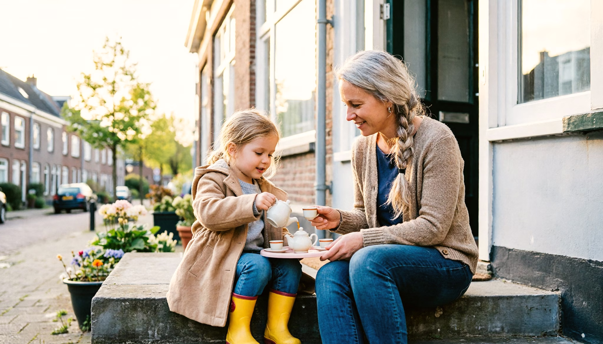 A mother and her small daughter holding a toy tea party on their front steps on a spring morning