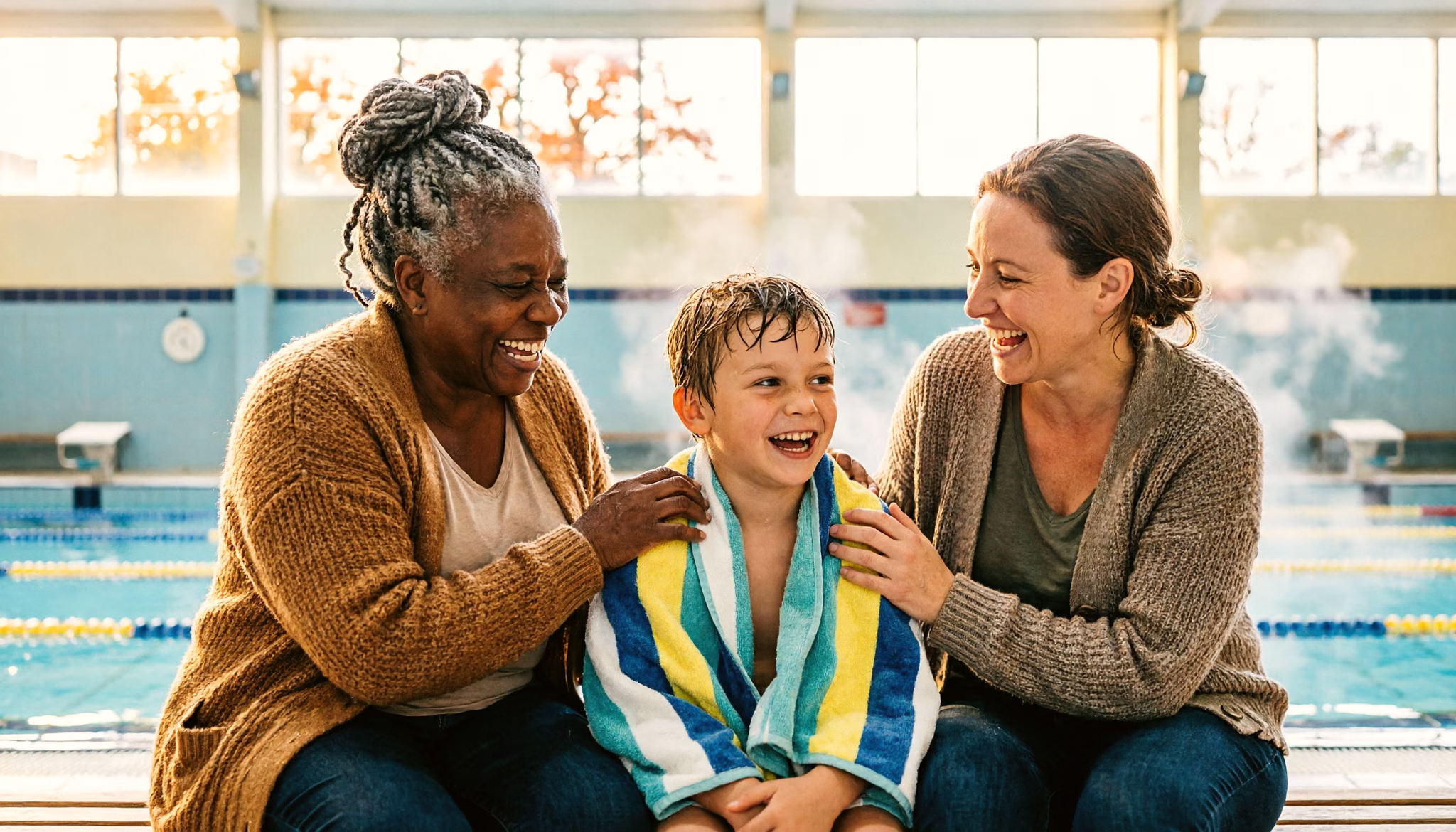 Een oma, haar dochter en haar kleinzoon lachen samen op de warme tribune van een Nederlands gemeentelijk zwembad op een herfstochtend