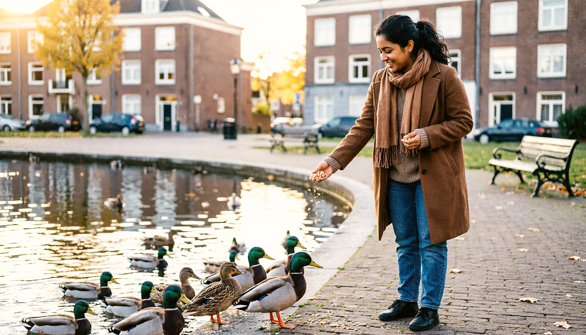 A young woman feeds ducks at the edge of a pond in a sunny Dutch park