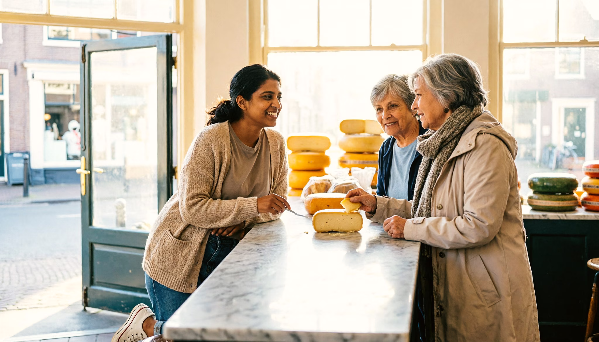 A woman and her mother take their time at the counter of a small neighbourhood cheese shop in the first light of an early spring morning