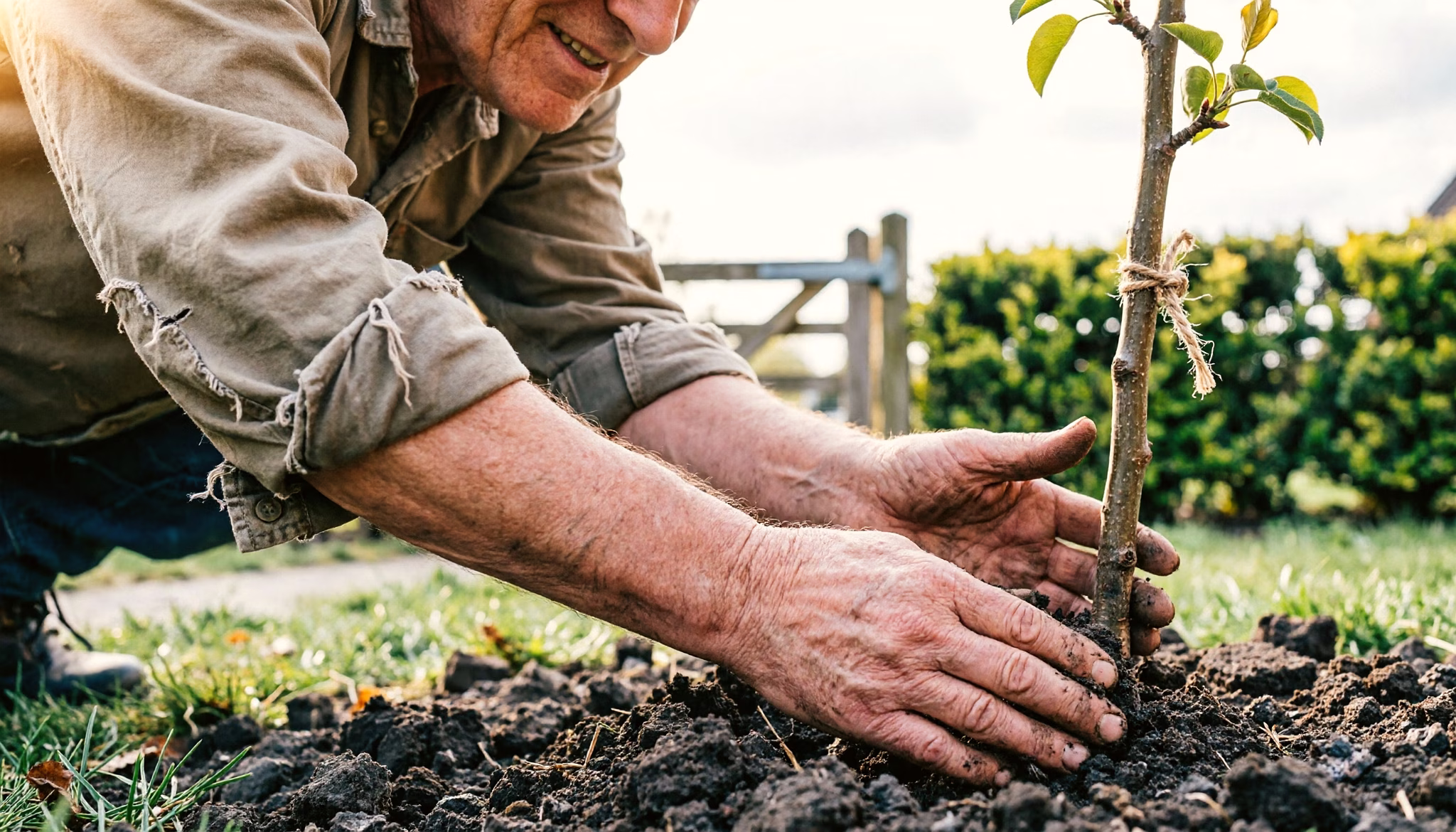 Twee doorleefde handen drukken de aarde aan rond een net geplante jonge perenboom bij een tuinhek op een bewolkte voorjaarsochtend