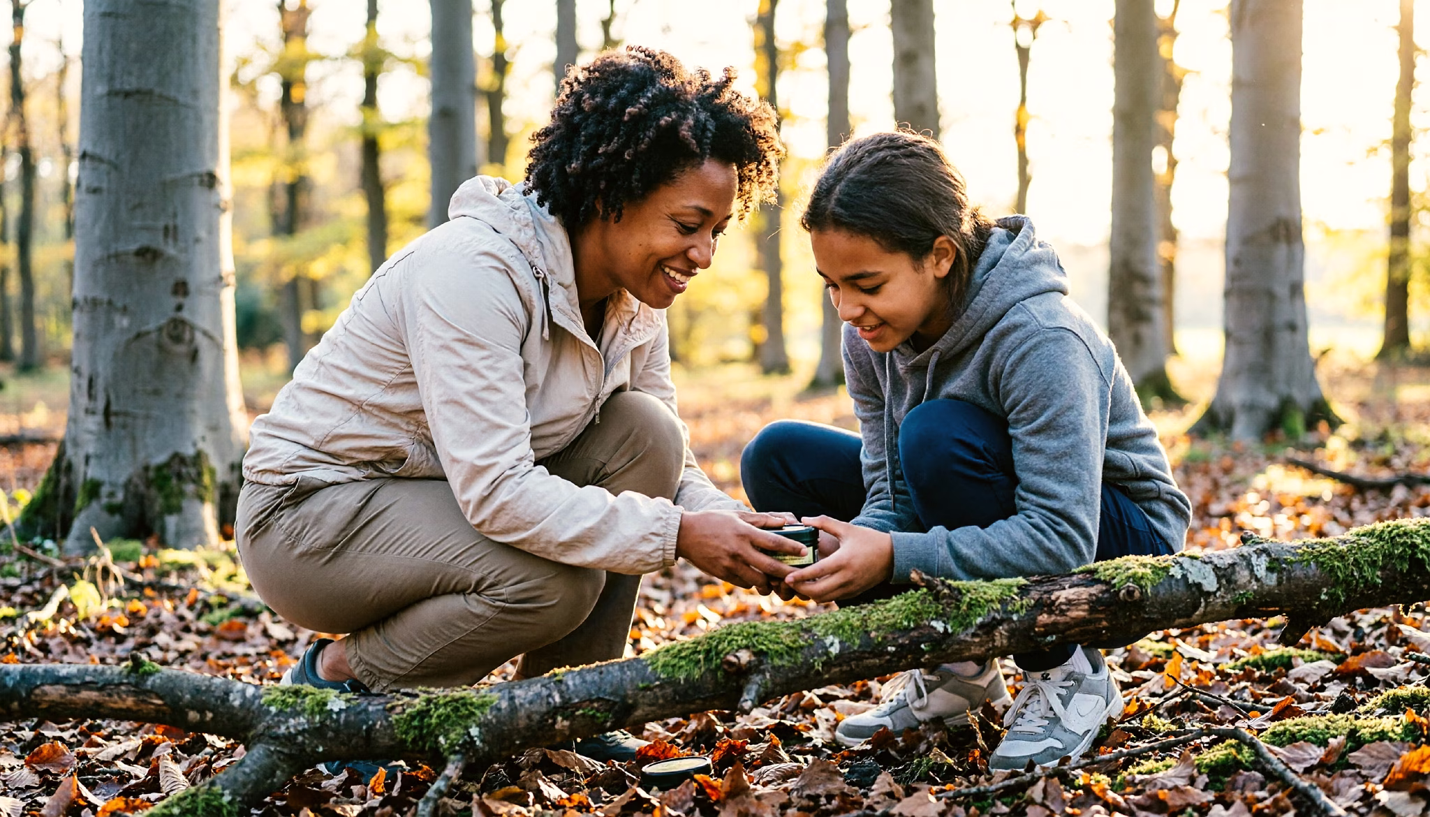 Een vrouw en haar tienernicht vinden een verstopte geocache onder een omgevallen tak in een Nederlands beukenbos