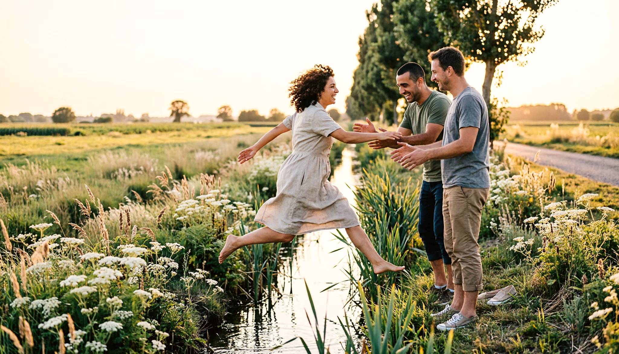 Drie vrienden springen om de beurt over een smalle poldersloot op een zomeravond, één van hen in de sprong boven het water terwijl de andere twee op de andere oever wachten