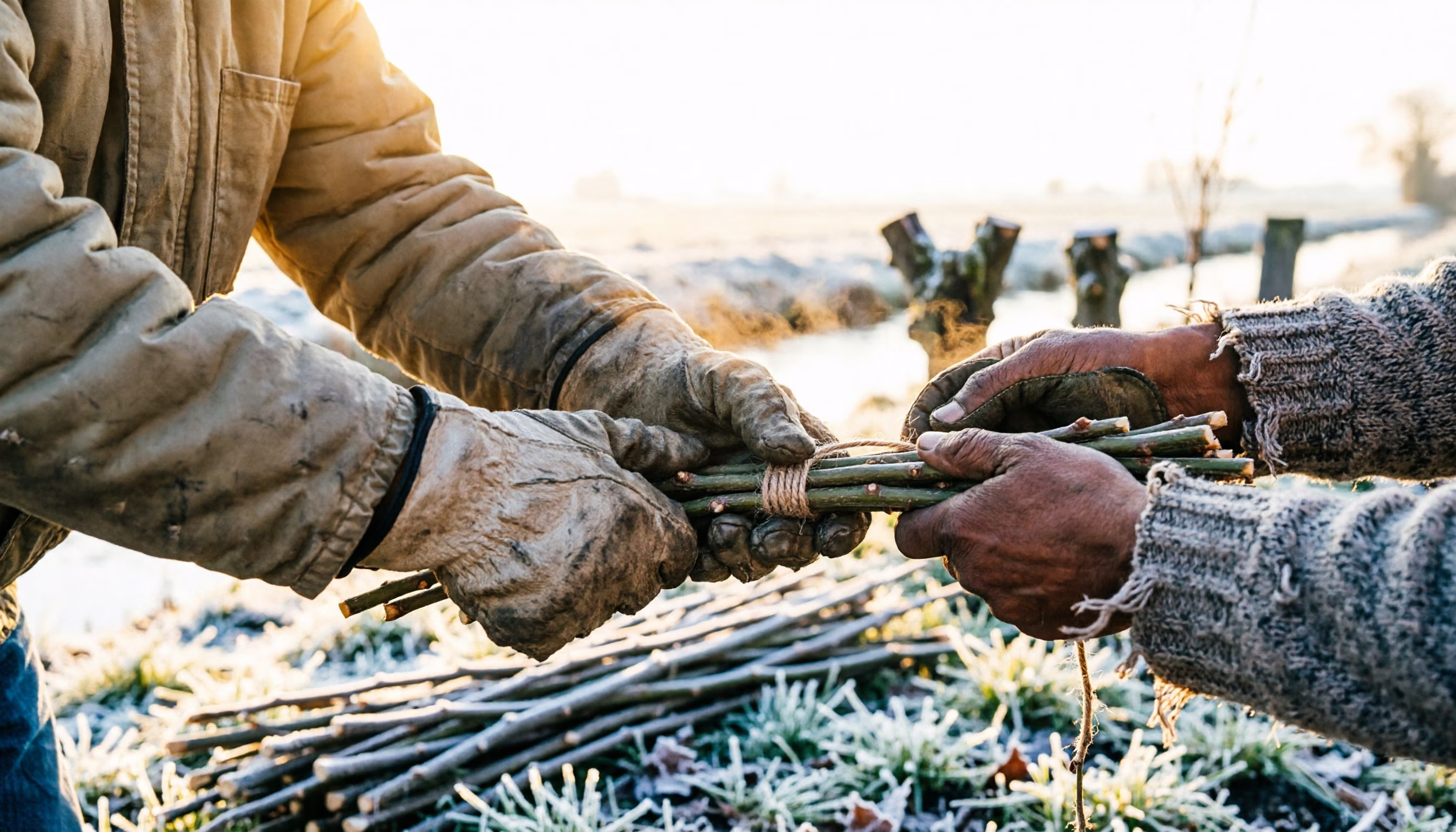 Drie paar handen bundelen versgesneden wilgentenen tijdens een winterse knotochtend in een Nederlandse polder, de adem zichtbaar in de kou
