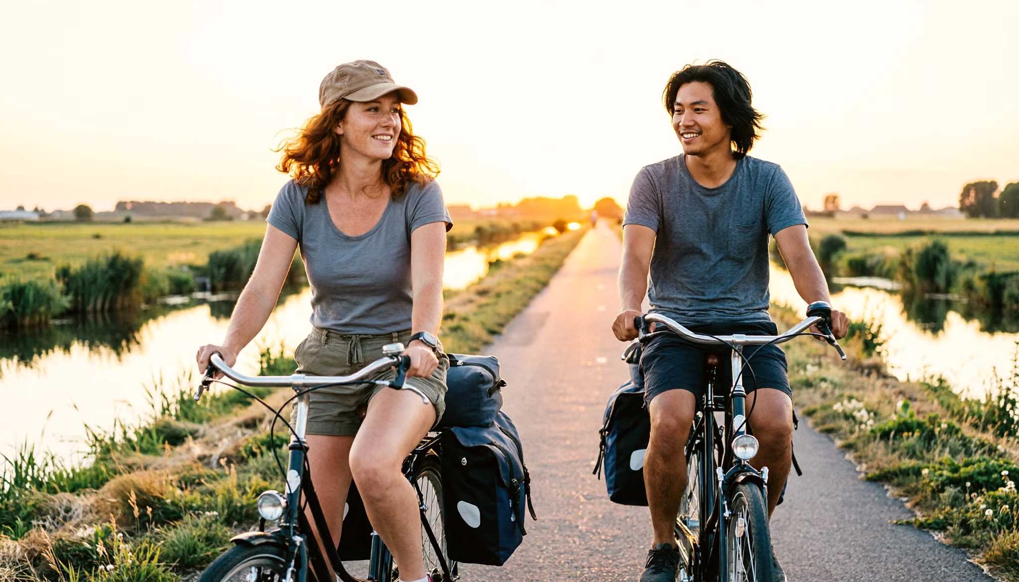 Two cyclists with loaded panniers riding a canal towpath in golden summer light