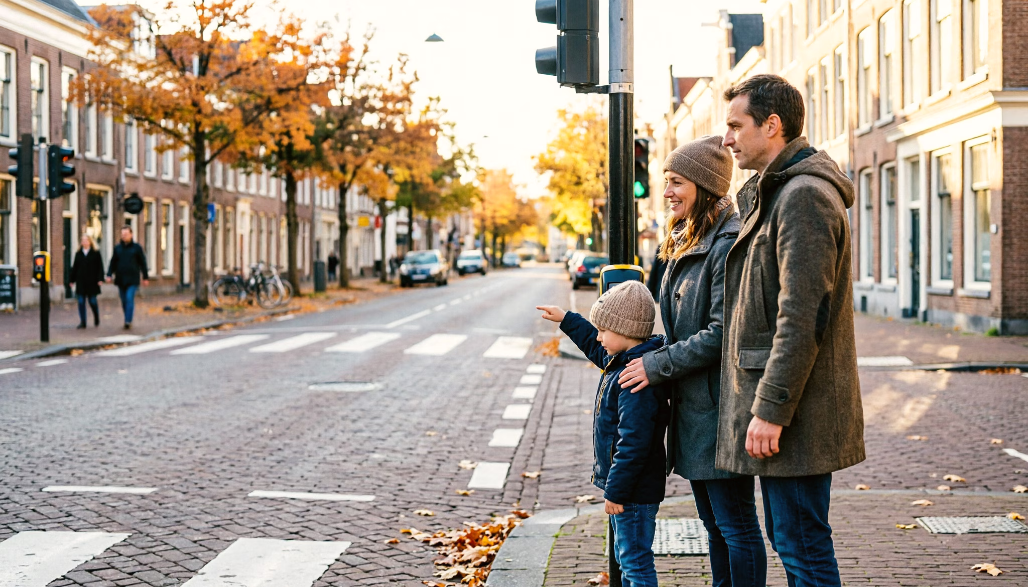 Een moeder, vader en hun jonge zoon wachten samen bij een oversteekplaats in de stad op een herfstochtend terwijl de zoon op de drukknop drukt