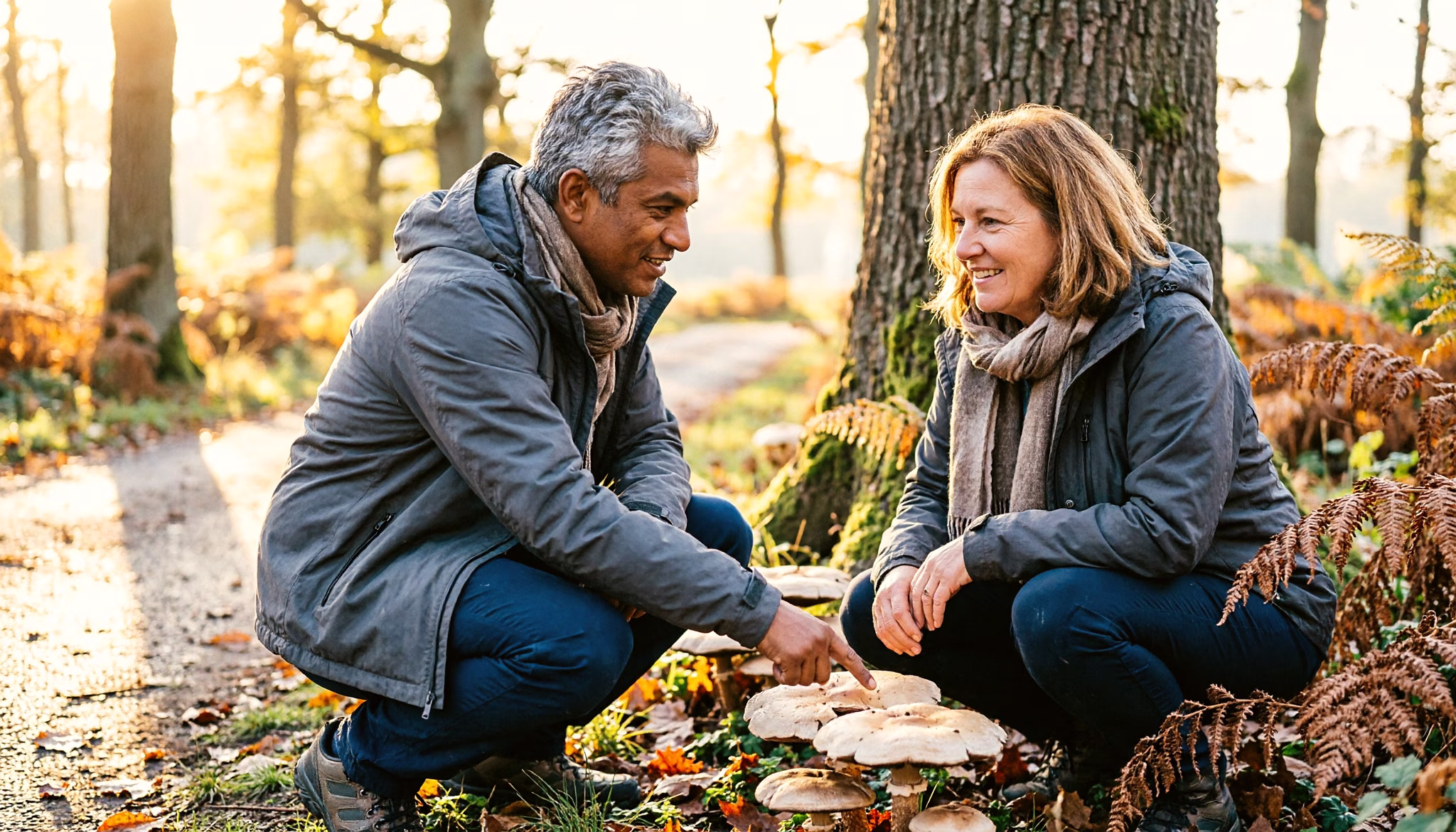 Two friends crouching over a cluster of mushrooms on a woodland path in autumn