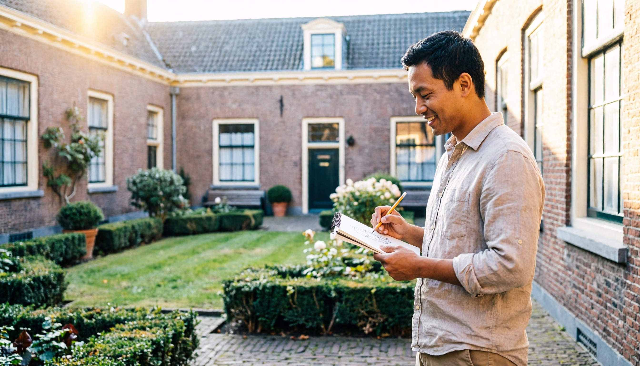 A man sketches the city from his sketchbook in a quiet almshouse courtyard garden, relaxed on a sunny weekday
