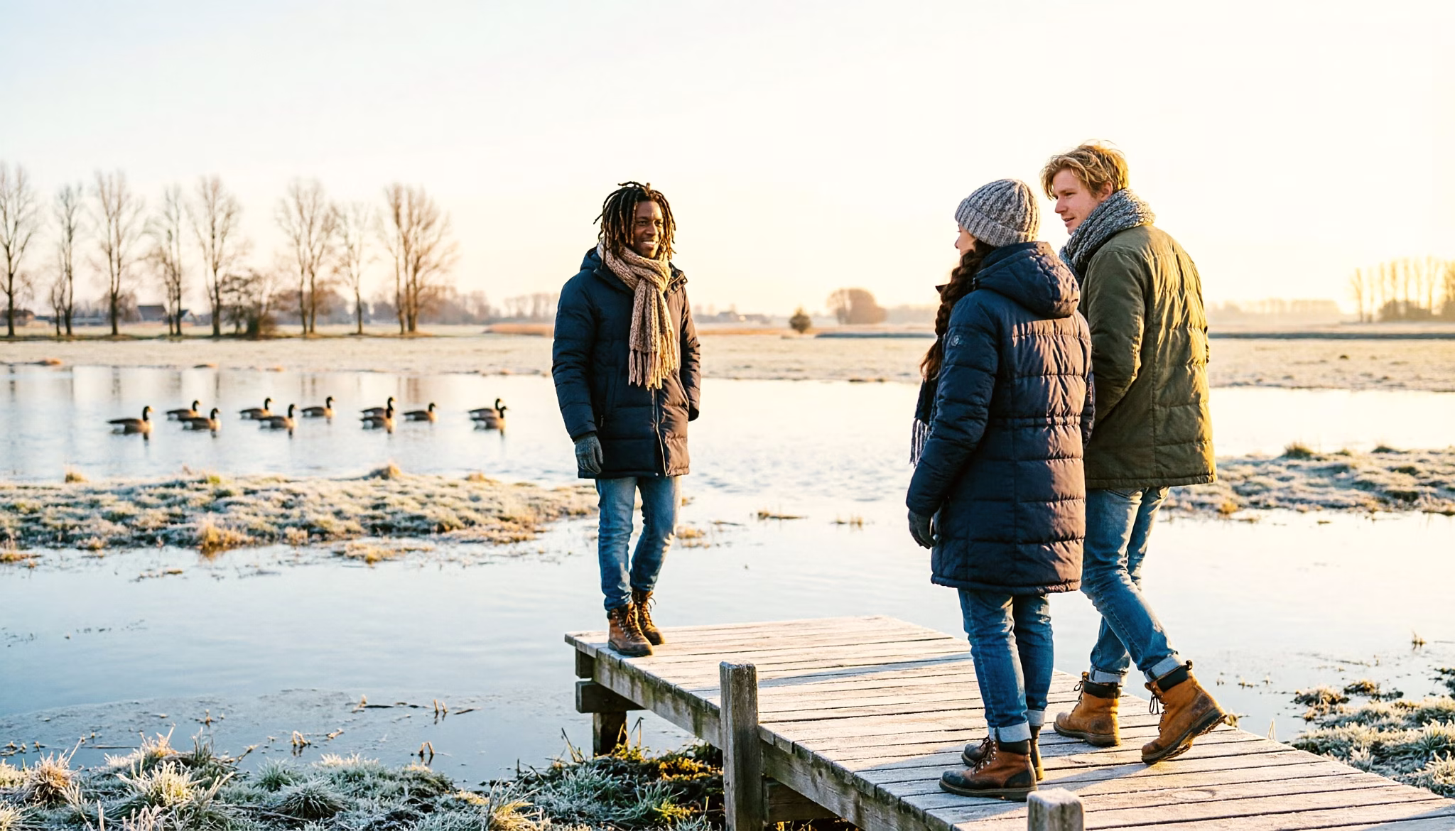 Drie vrienden lopen over een berijpte houten steiger boven een ondergelopen polderweide op een stille winterochtend