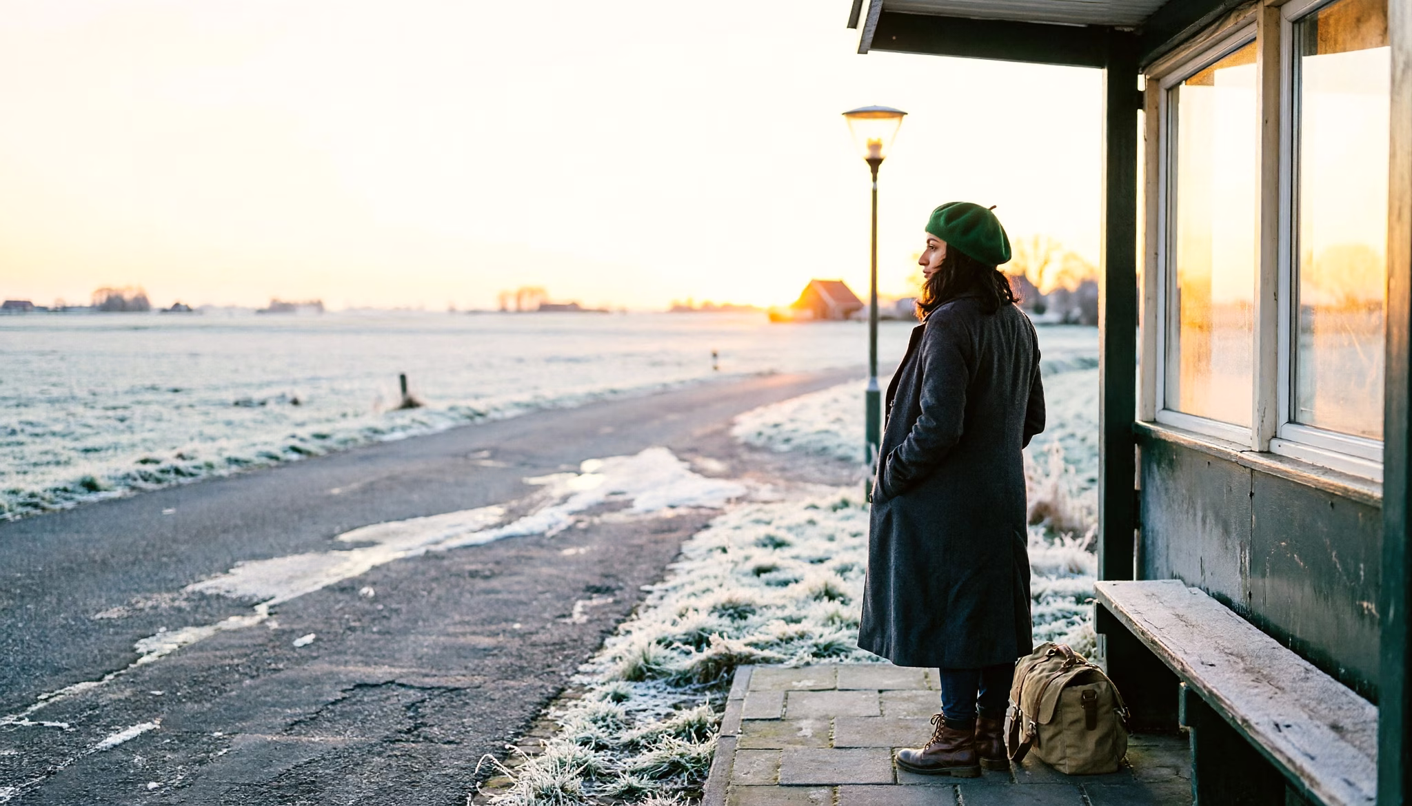 Een vrouw wacht bij een overdekte bushalte aan een stille dorpsweg. Het is winter en het eerste licht komt net door. Aan haar voeten staat een weekendtas en achter haar ligt rijp over het vlakke veld.