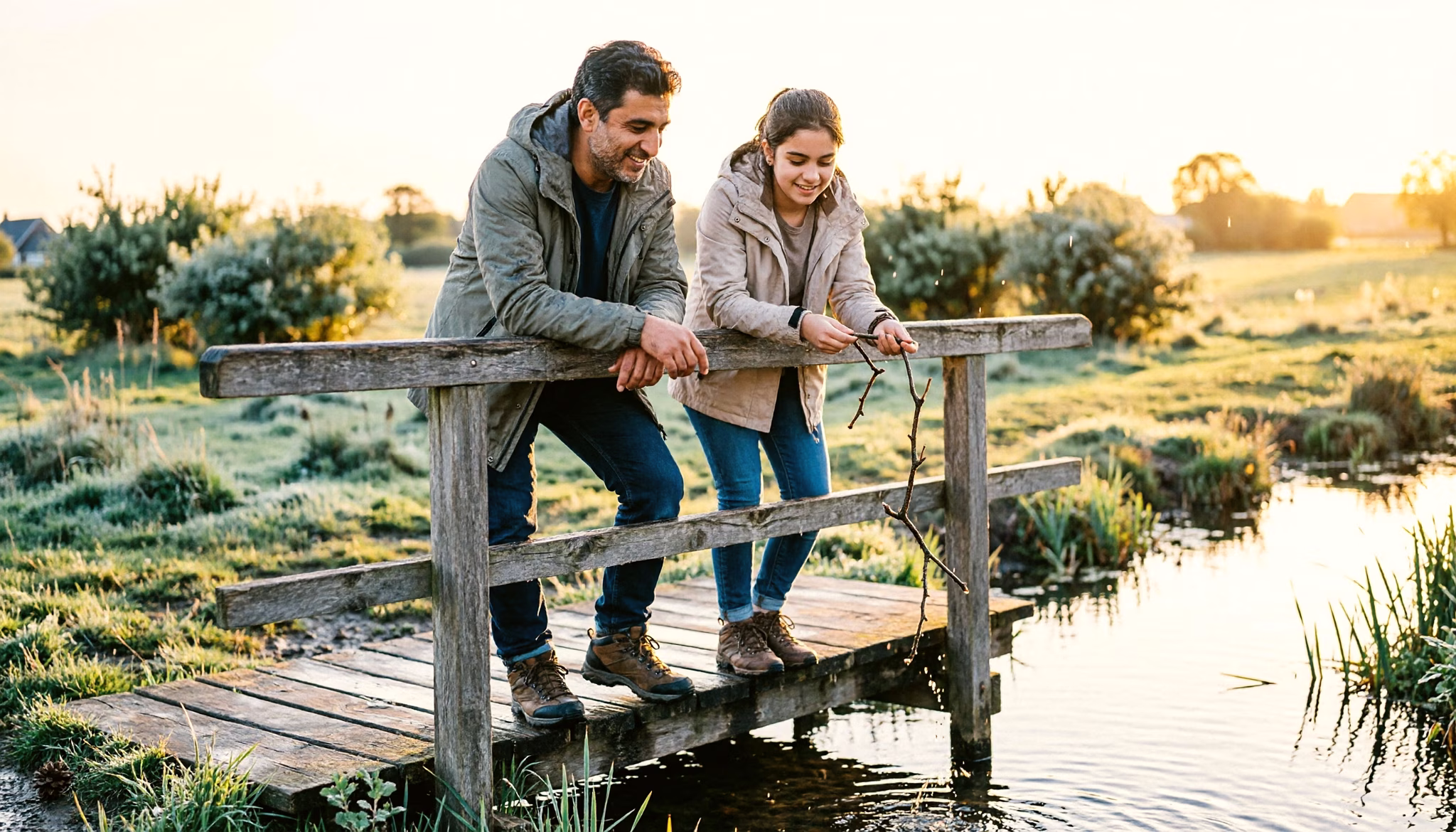A father and his teenage daughter drop twigs from a small wooden footbridge into the brook below.