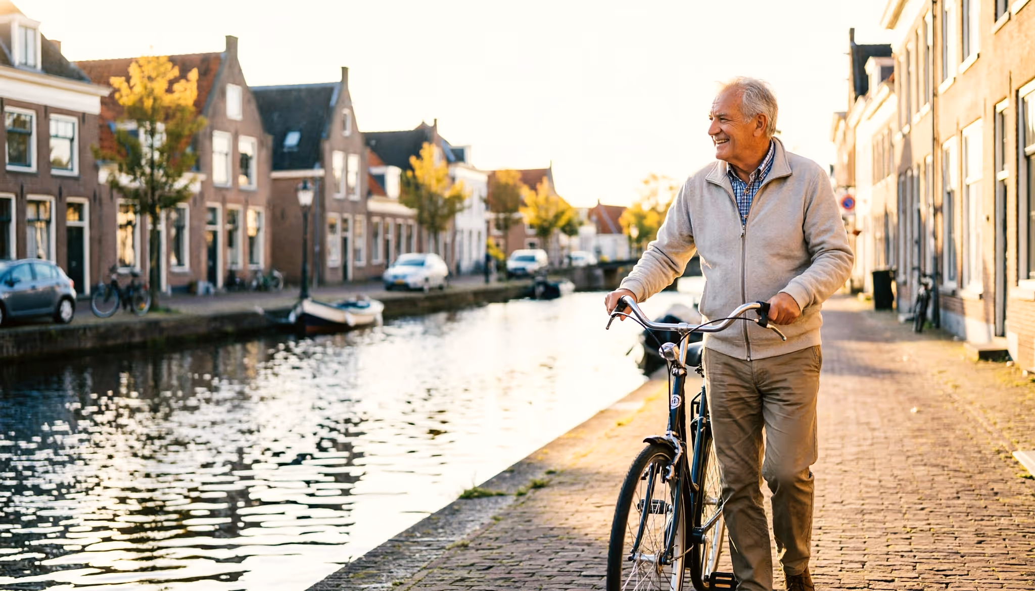Een gepensioneerde man loopt met zijn fiets door een laan met bomen in een Nederlands stadje op een rustige ochtend