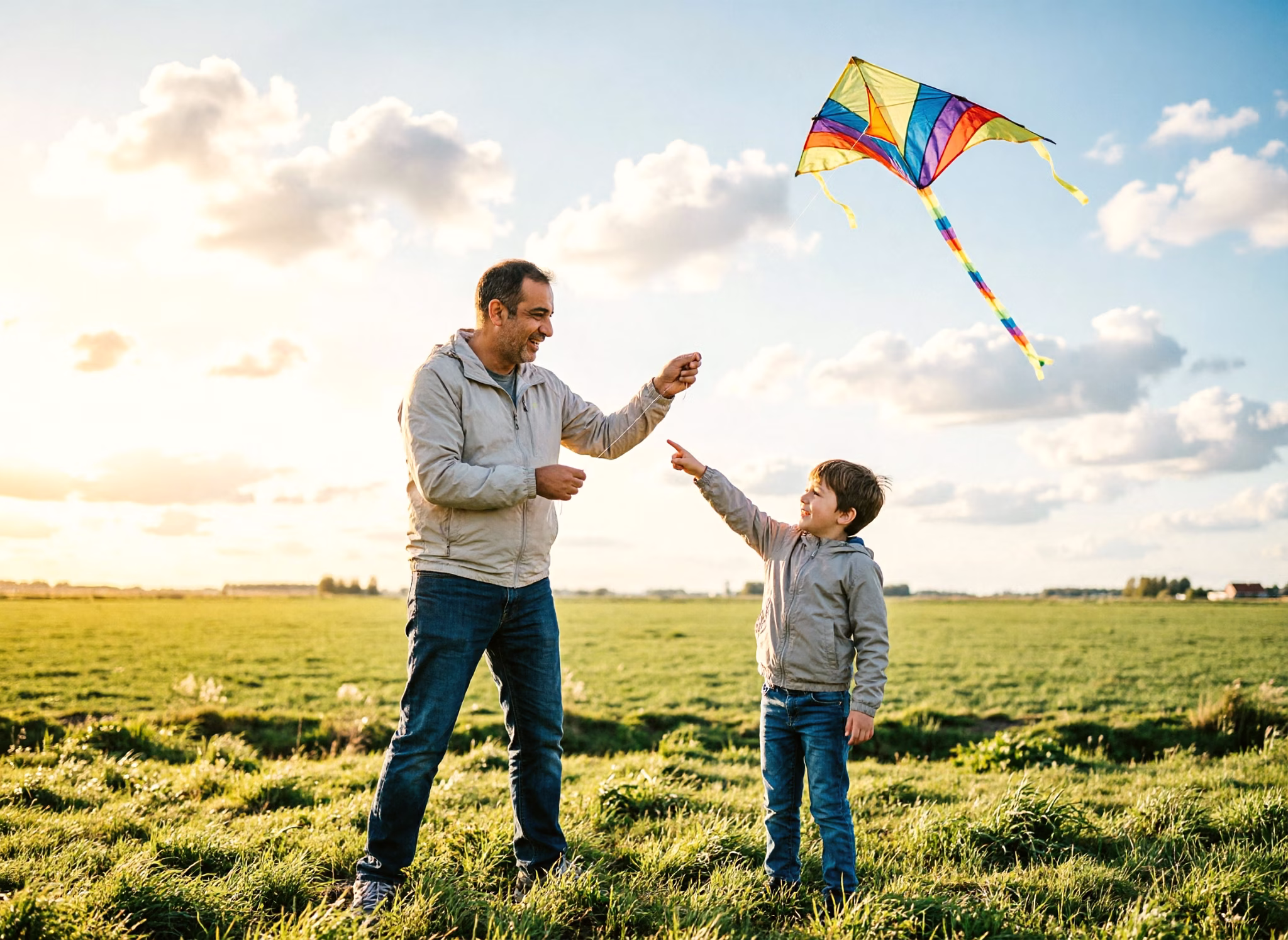 A father and his young son fly a kite together on a wide green Dutch polder field