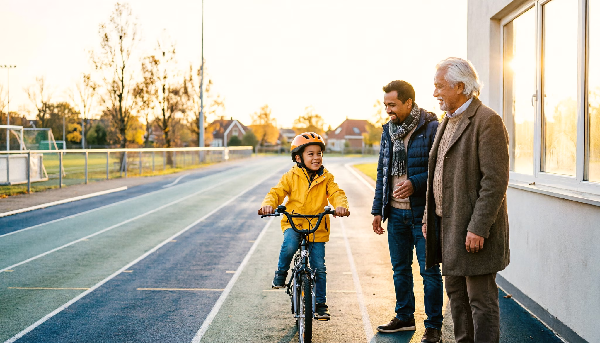 Een opa en zijn zoon kijken van een paar passen afstand toe terwijl de jongste van het gezin voor het eerst zonder zijwieltjes over de lege banen van een atletiekbaan fietst op een herfstochtend