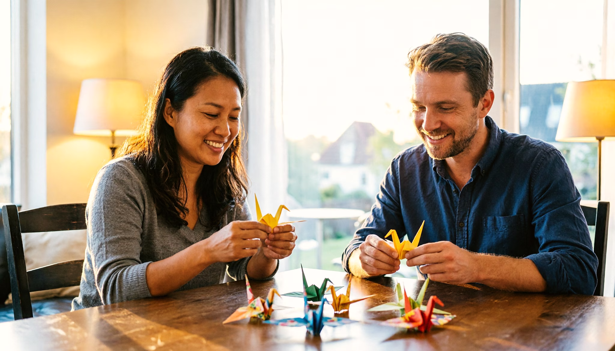 Een stel vouwt samen kleurige origamikraanvogels aan de eettafel in de avond