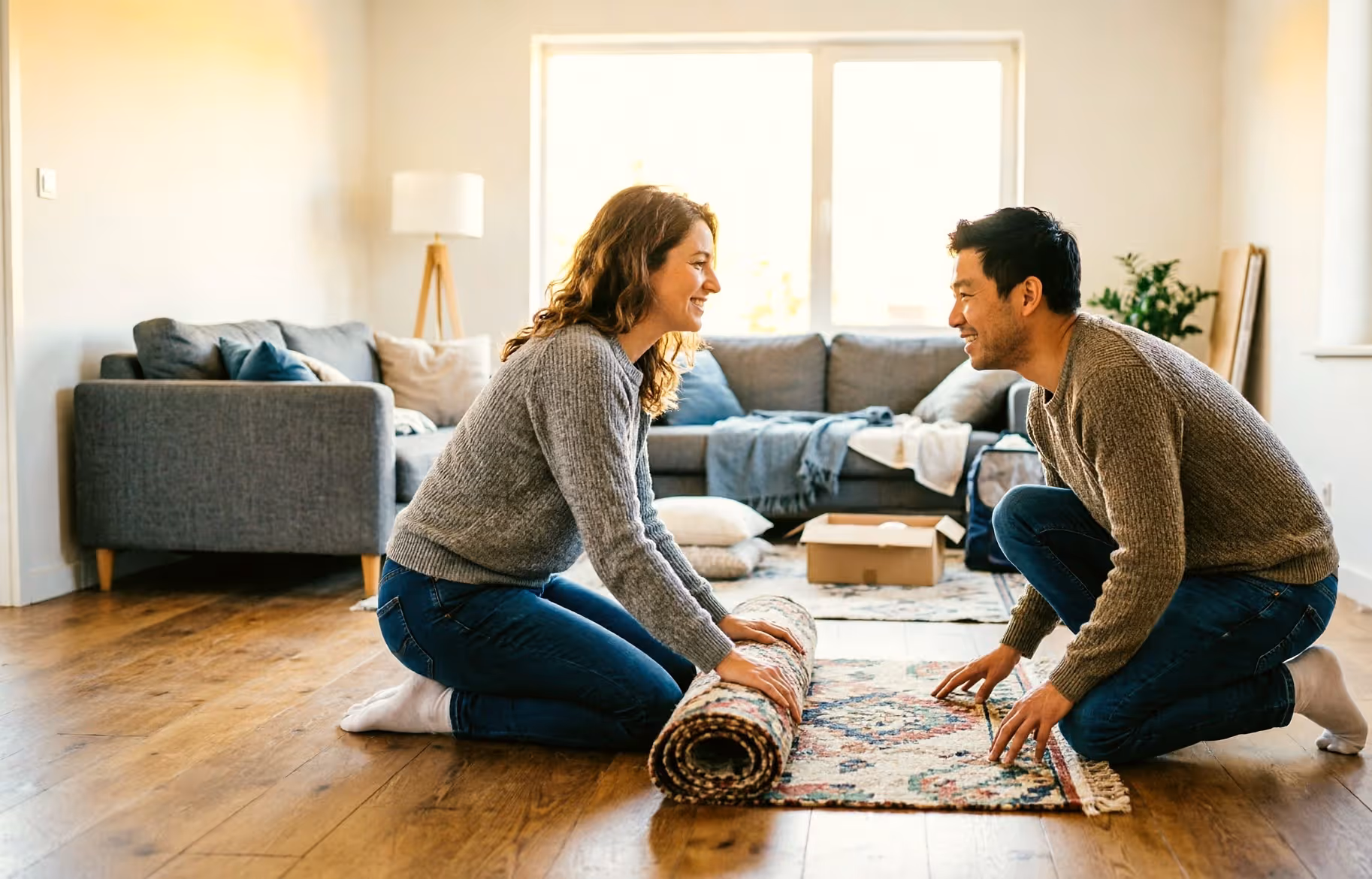 A couple in their thirties settle a woven rug across the floor of their new Dutch home.