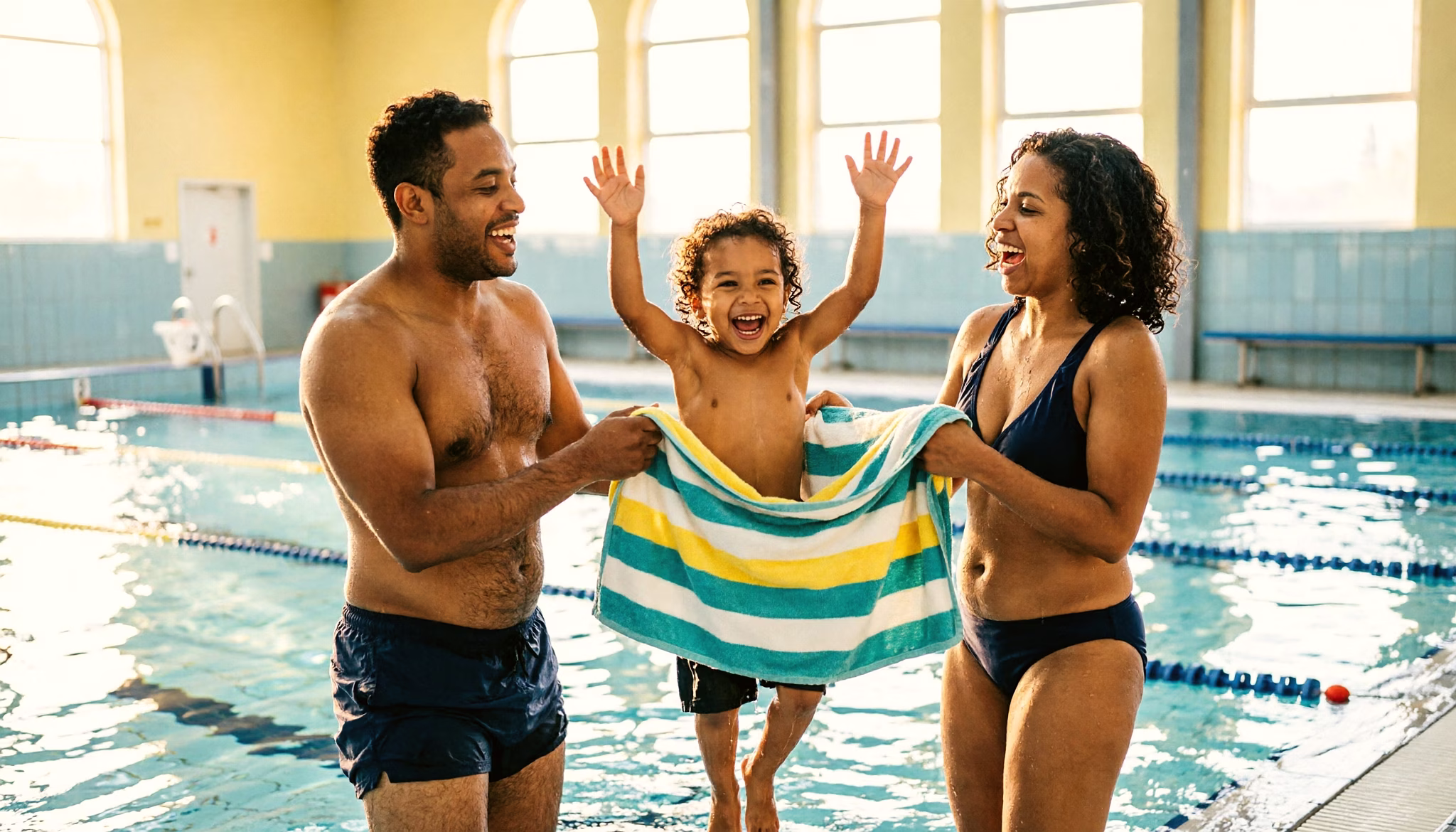 A parent lifts a small child out of the water into a towel in a Dutch municipal swimming hall