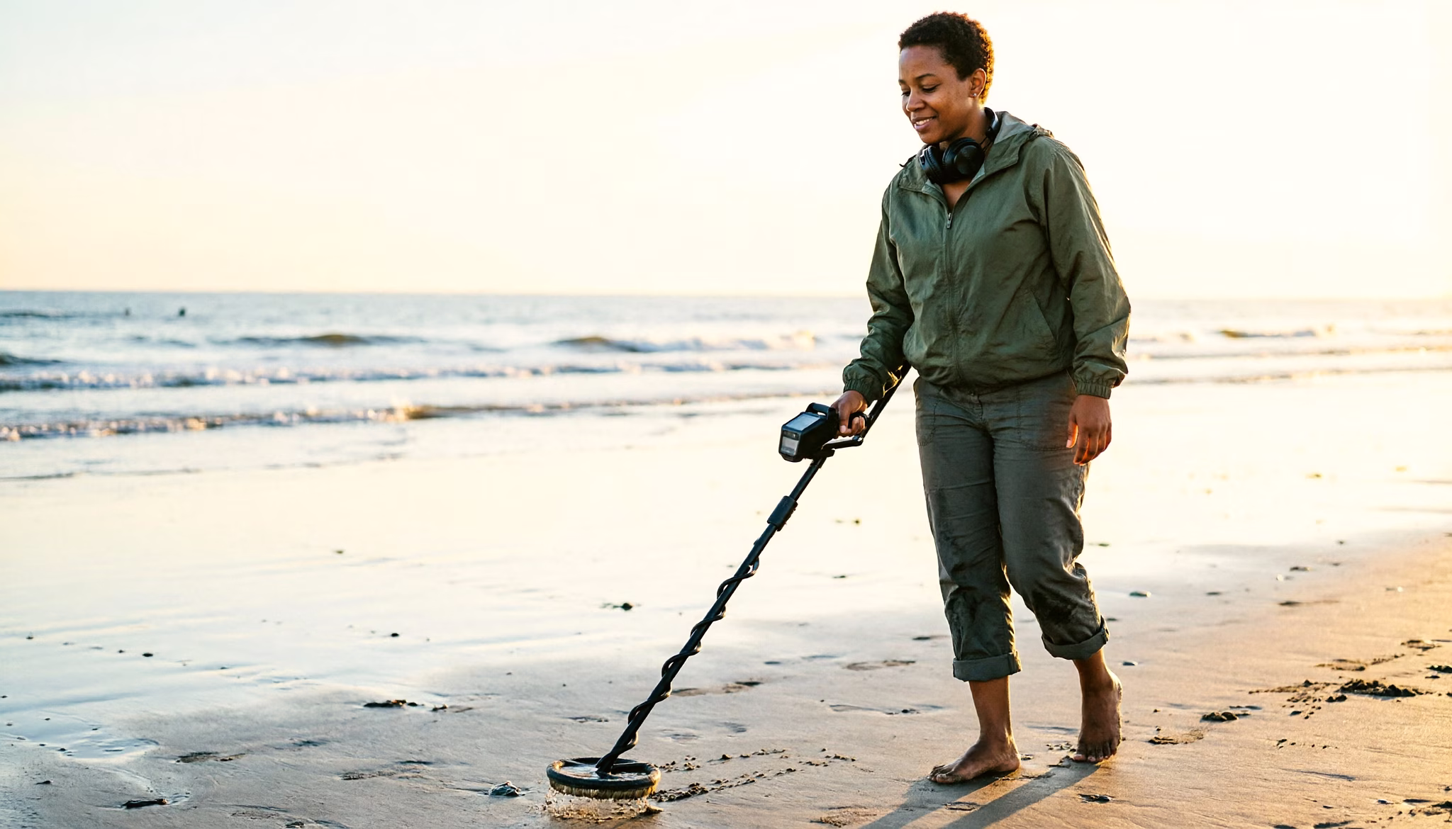 A freelancer sweeps a metal detector across a quiet Dutch beach on a weekday morning