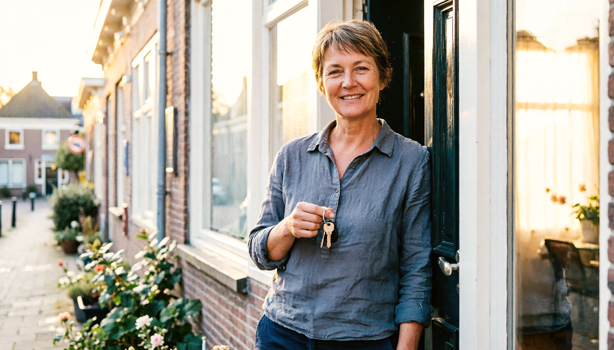 Een huiseigenaar laat een lichte, gemeubileerde kamer zien aan een bezoeker