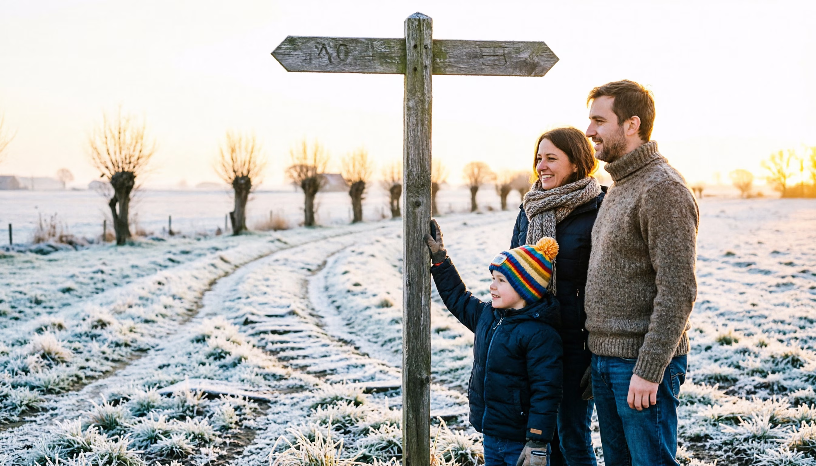 A family stops at a wooden footpath signpost where three tracks meet on a frosty winter morning, the youngest reaching up to turn the top arm