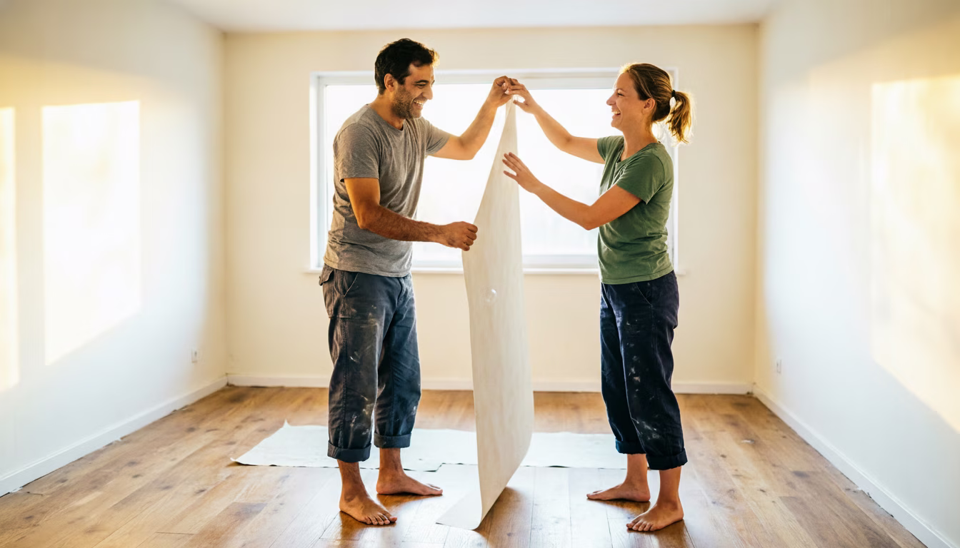 Een stel hangt de eerste baan behang in de voorkamer van hun nieuwe huis