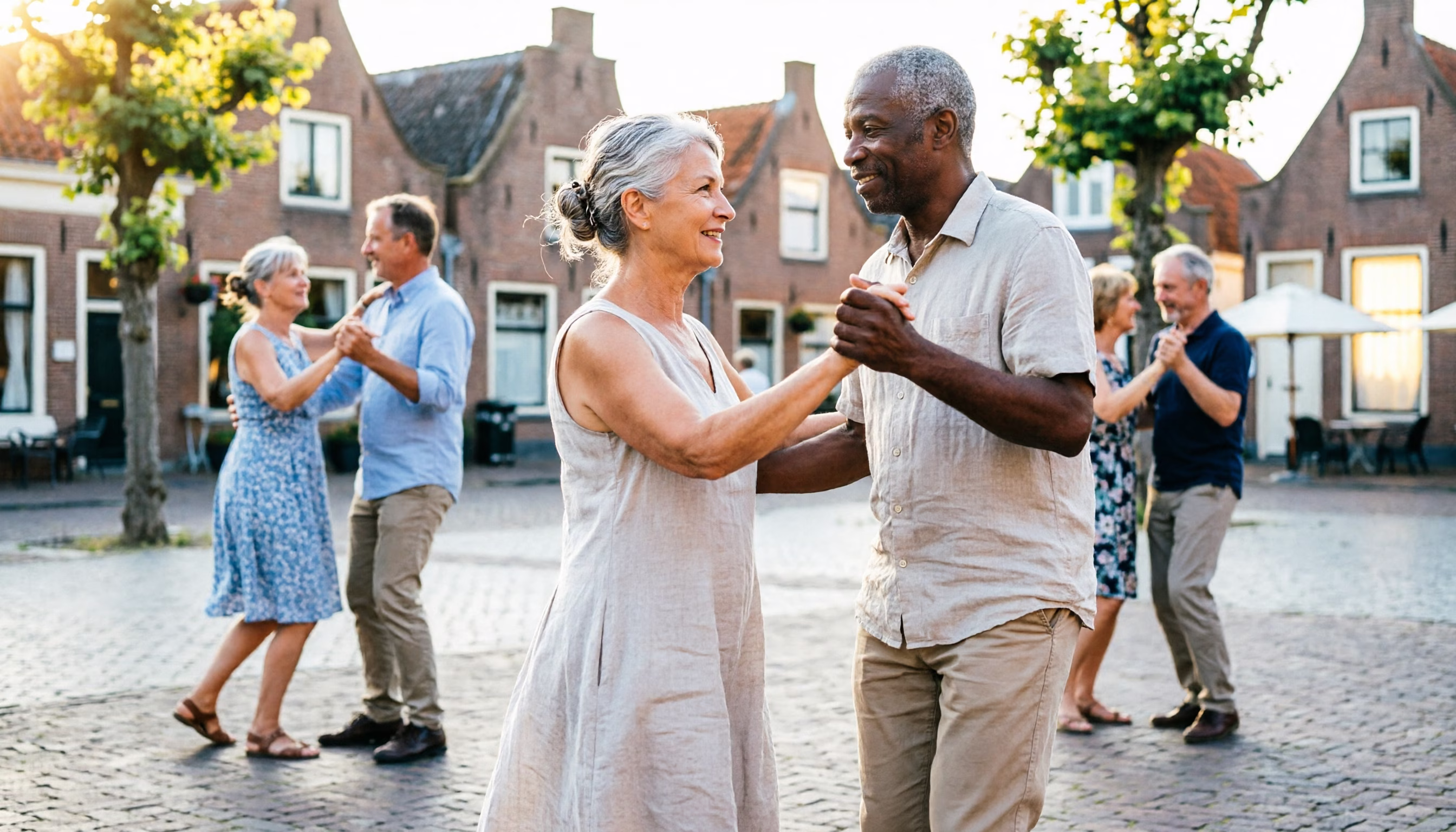 Een stel van in de zestig leert een danspas bij een openluchtles op een dorpsplein