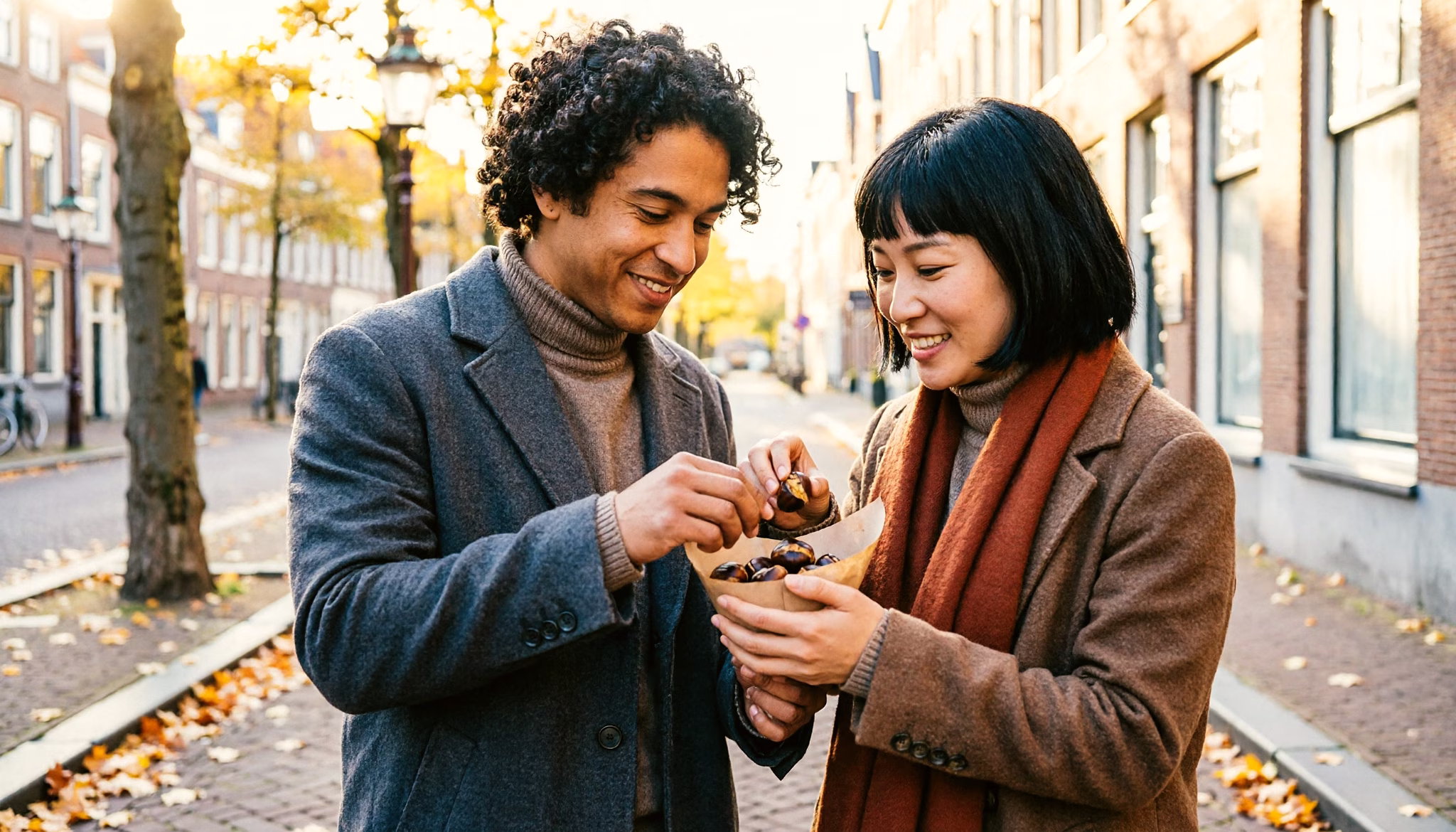 Een stel deelt geroosterde kastanjes in een stadsstraat in de herfst