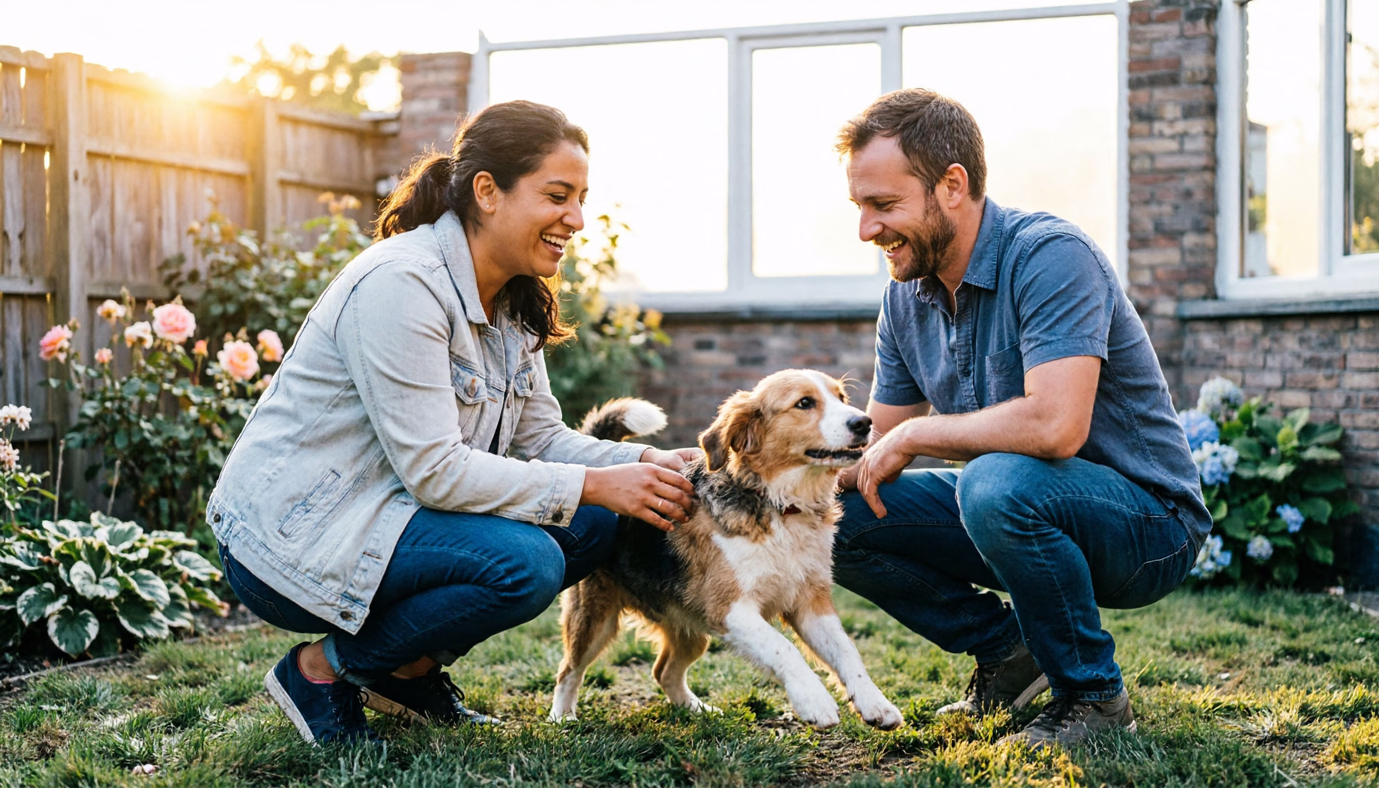 A couple plays with their young dog in their small back garden in the early evening
