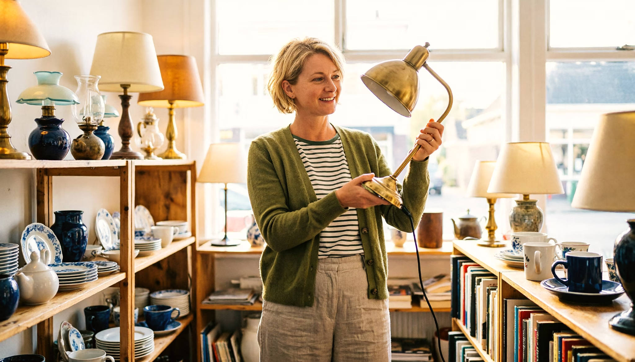 Een vrouw van in de veertig houdt een messing lamp omhoog die ze net vond in een lichte kringloopwinkel
