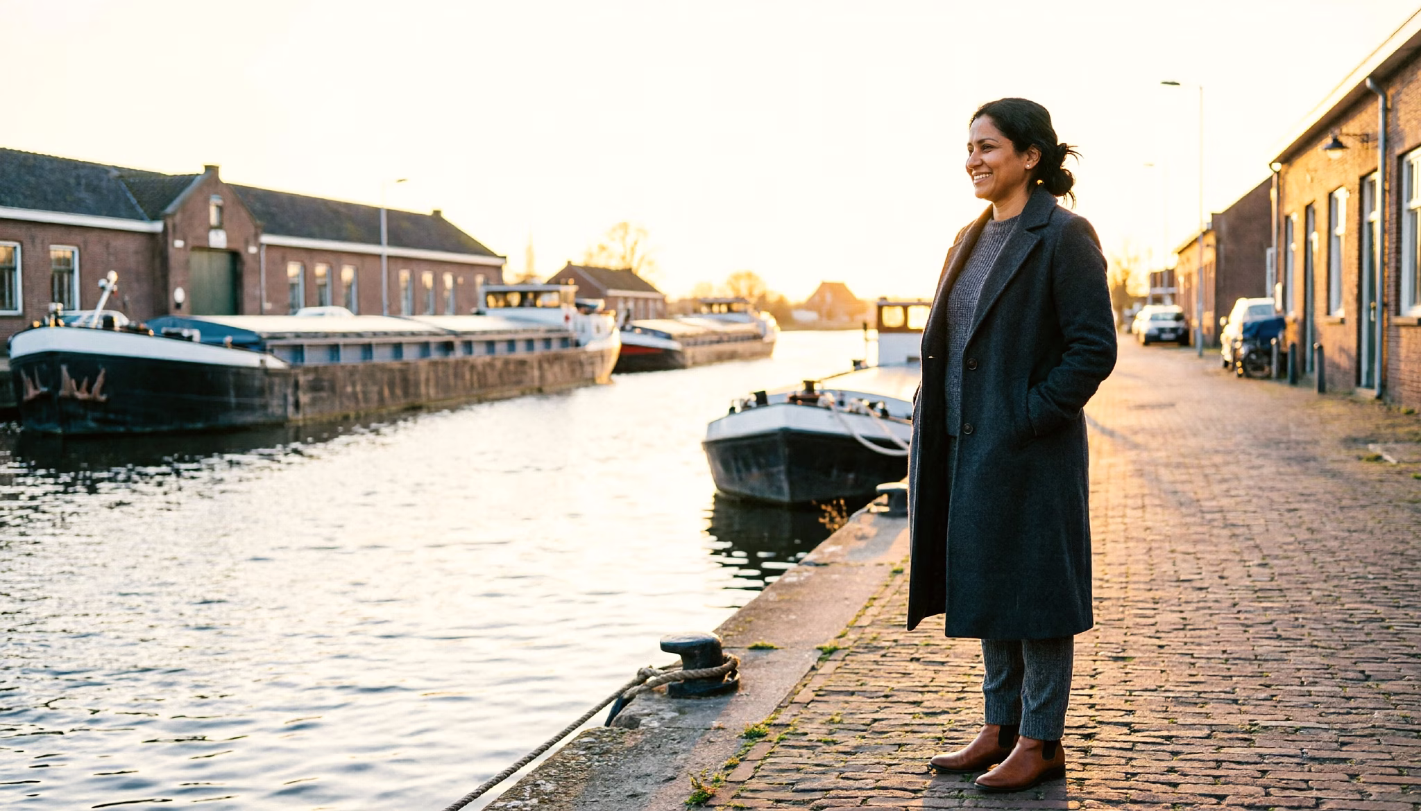 Een onderneemster van rond de veertig staat op een zonnige Nederlandse havenkade terwijl vrachtschepen afmeren